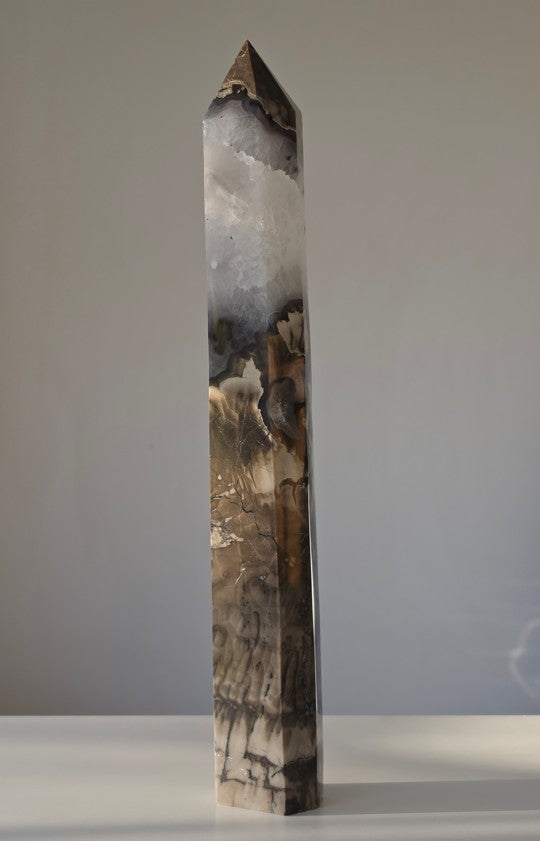 Volcanic Agate Crystal Tower Polished crystal obelisk on a neutral background, Home Decor, Black, Brown, Quartz, Statement Piece, Home Styling, Natural Stone, on trend