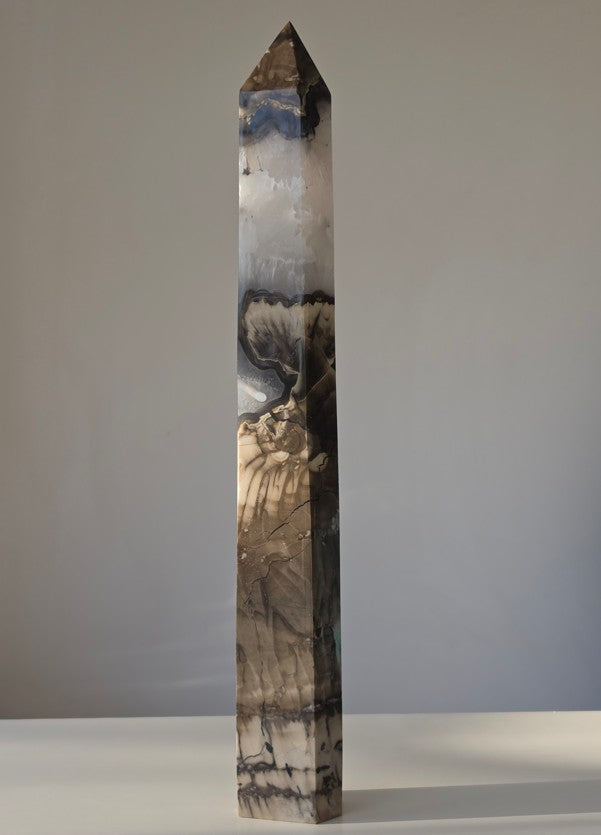 Volcanic Agate Crystal Tower Polished crystal obelisk on a neutral background, Home Decor, Black, Brown, Quartz, Statement Piece, Home Styling