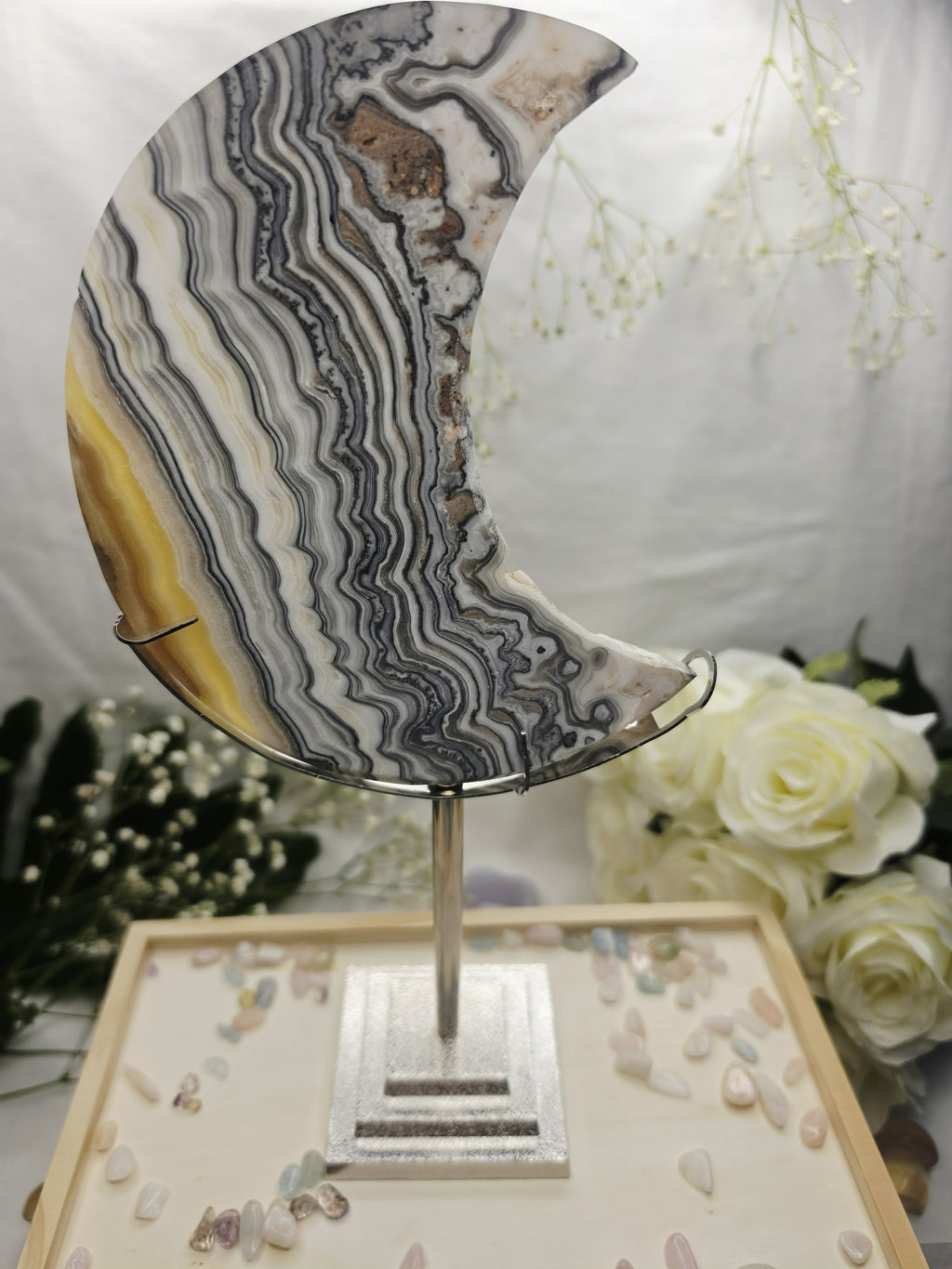 Luxury Yellow Banded Calcite Moon on Stand by Stone and Bloom featuring warm golden tones and natural creamy banding