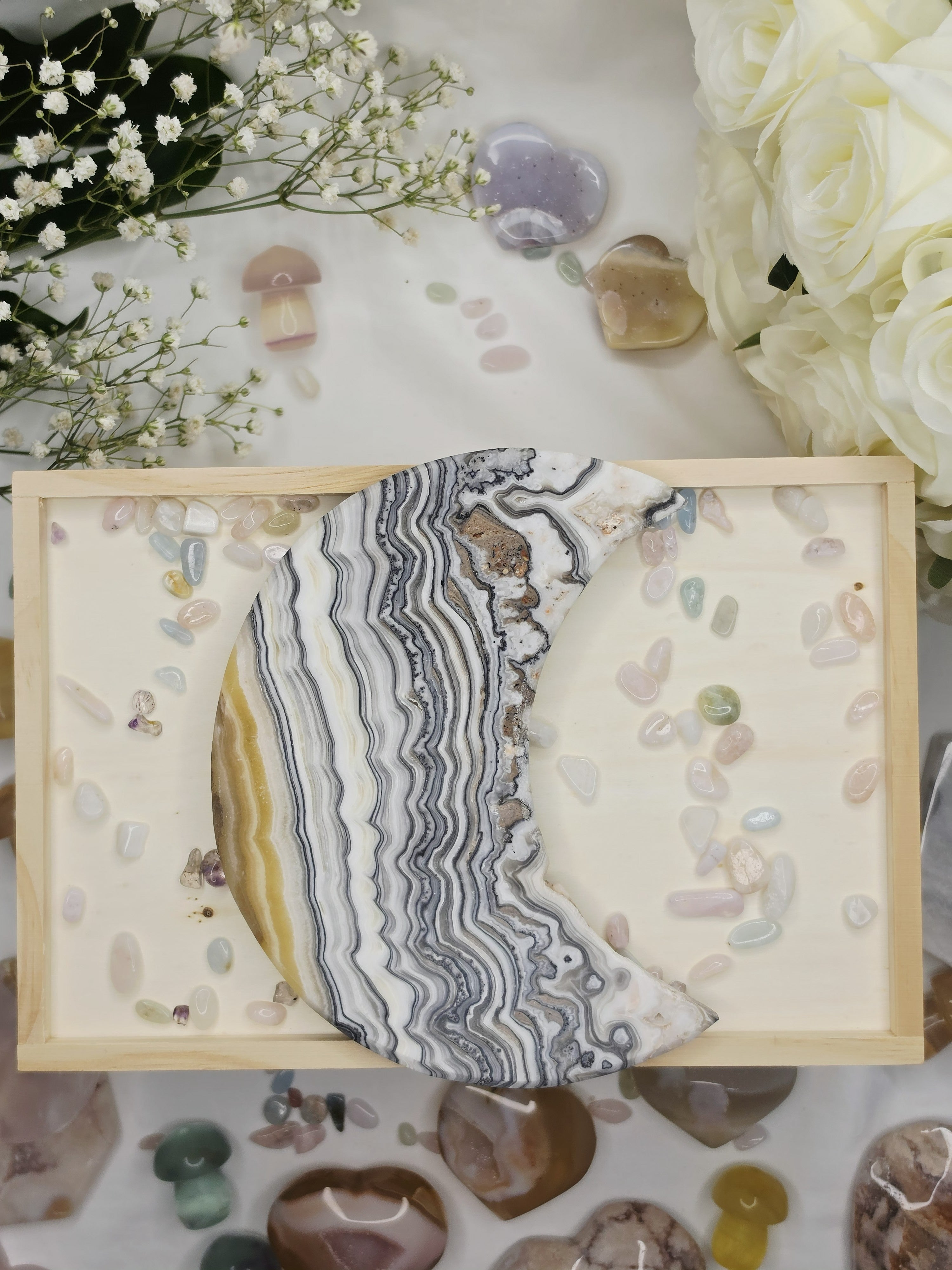 Luxury Yellow Banded Calcite Moon on Stand by Stone and Bloom featuring warm golden tones and natural creamy banding