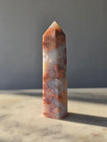 Cotton Candy Agate point with natural pink peach and blue-grey flower-like plume formations