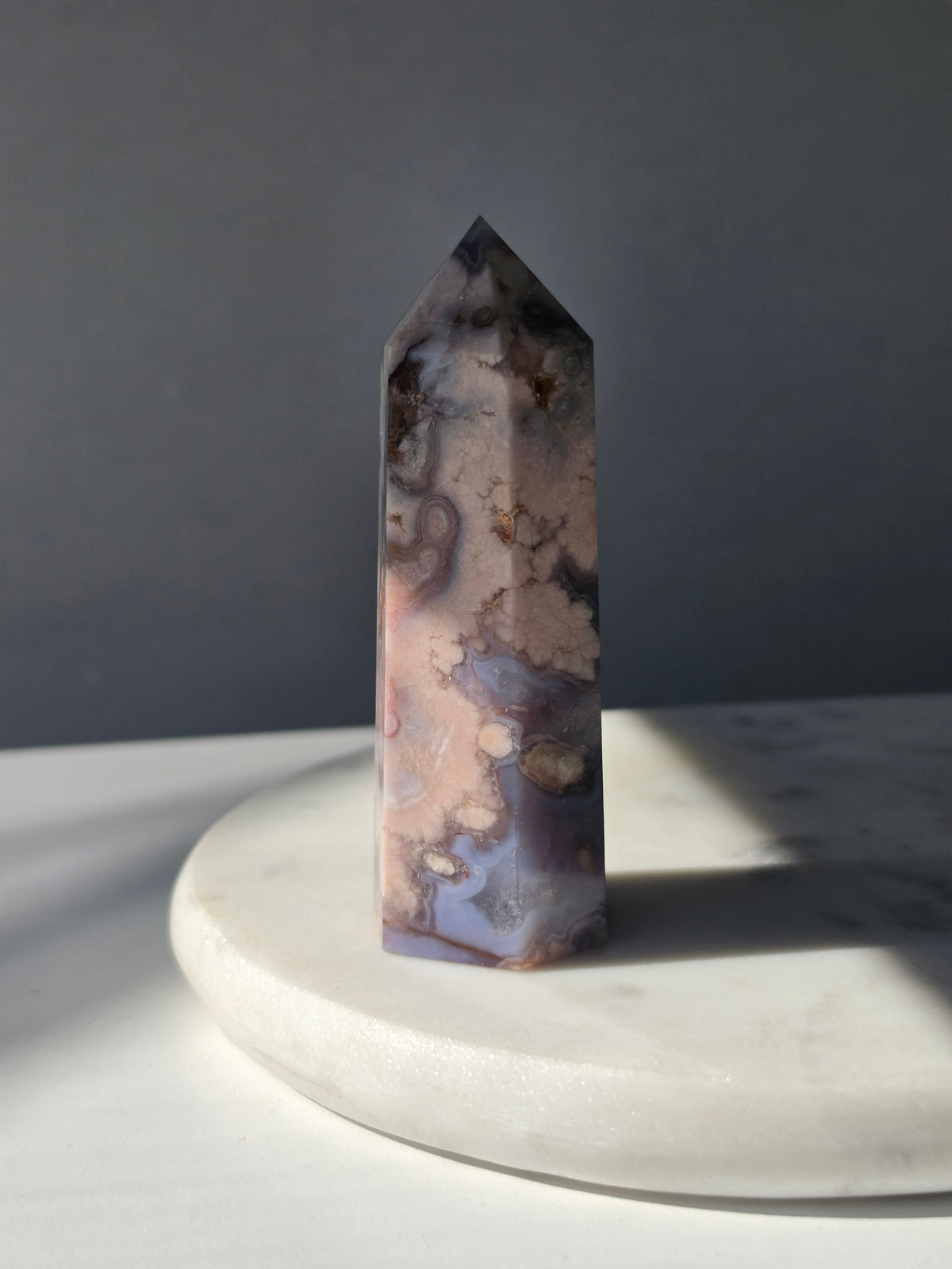 Blue Flower Agate crystal point with soft blue, lavender and cream tones and natural flower-like plume inclusions