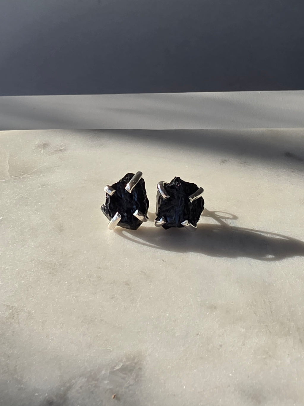 Natural Black Tourmaline crystal stud earrings from the Raw Luxe Collection