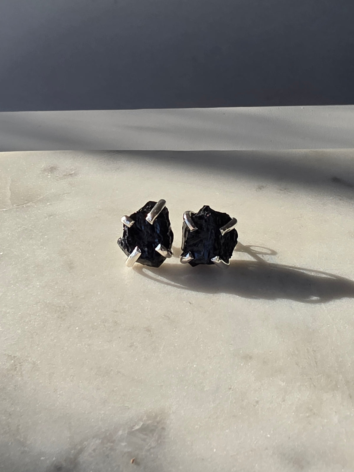 Natural Black Tourmaline crystal stud earrings from the Raw Luxe Collection