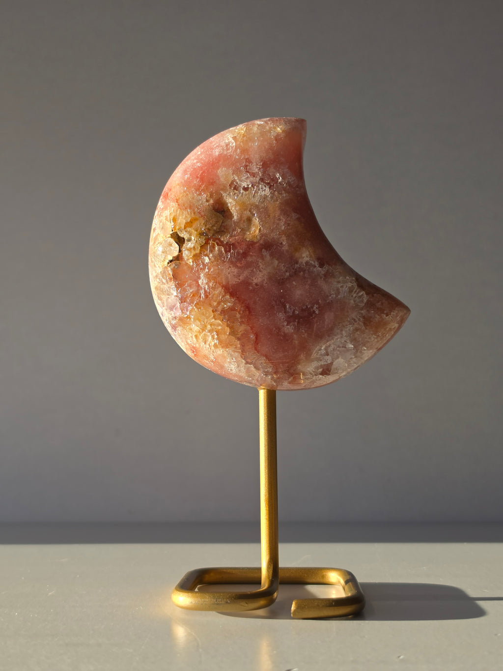 Pink Amethyst Moon on Gold Stand