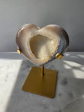 High clarity Druzy Agate Geode Heart on gold stand featuring sparkling druzy crystals, natural agate banding and champagne, taupe and smoky grey tones