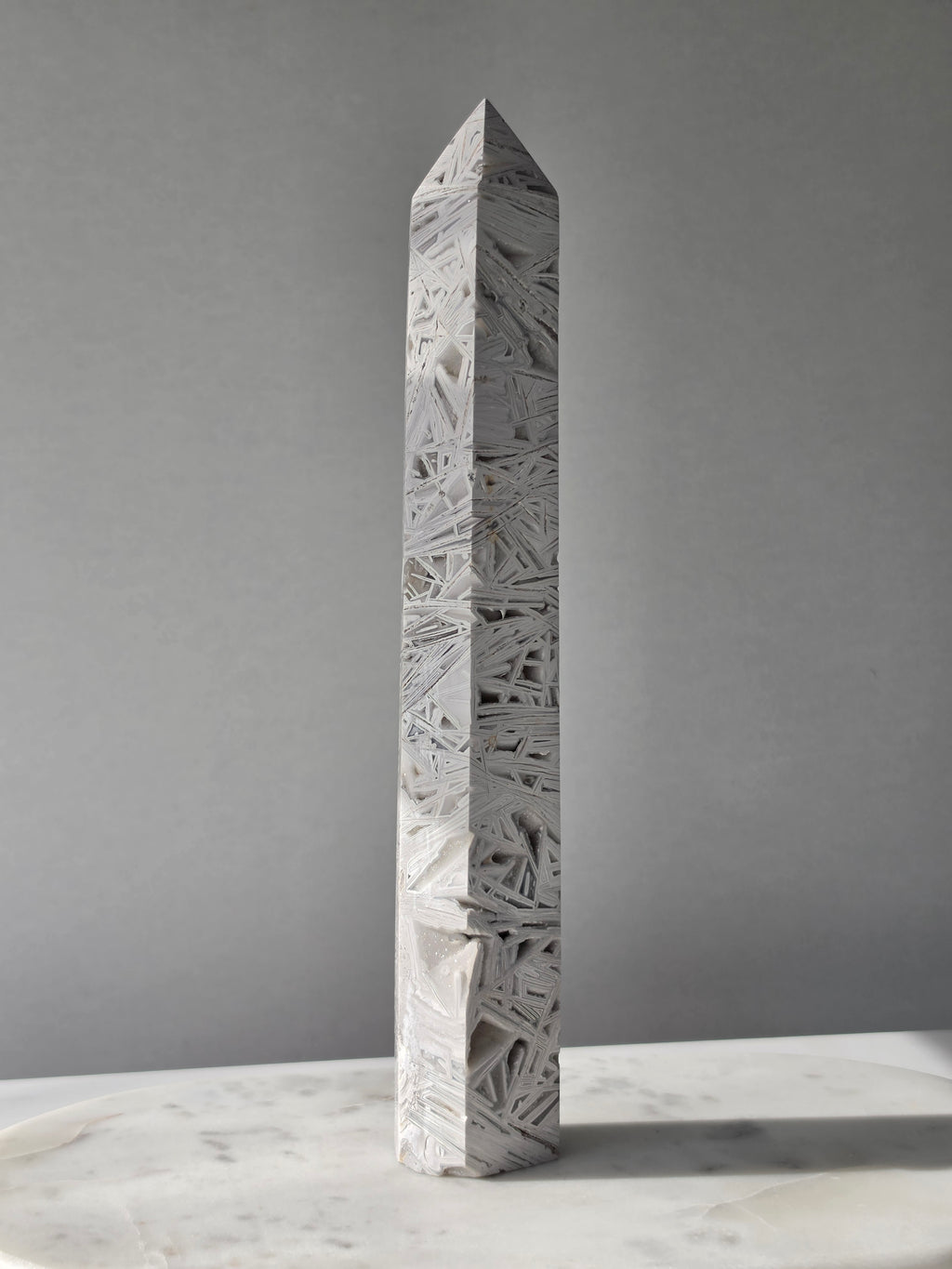 Natural Crazy Lace Agate Tower with intricate earthy banding and sparkling druzy crystal pockets, polished crystal statement piece