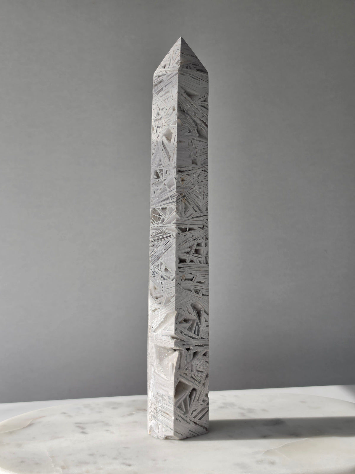 Natural Crazy Lace Agate Tower with intricate earthy banding and sparkling druzy crystal pockets, polished crystal statement piece