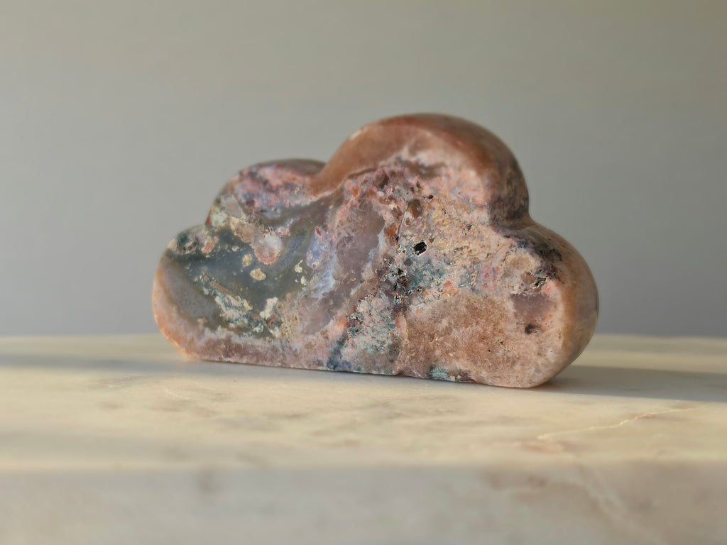 Natural Brazilian Pink Amethyst Cloud with soft blush pink, peach and lavender tones, unique mineral inclusions and polished organic form
