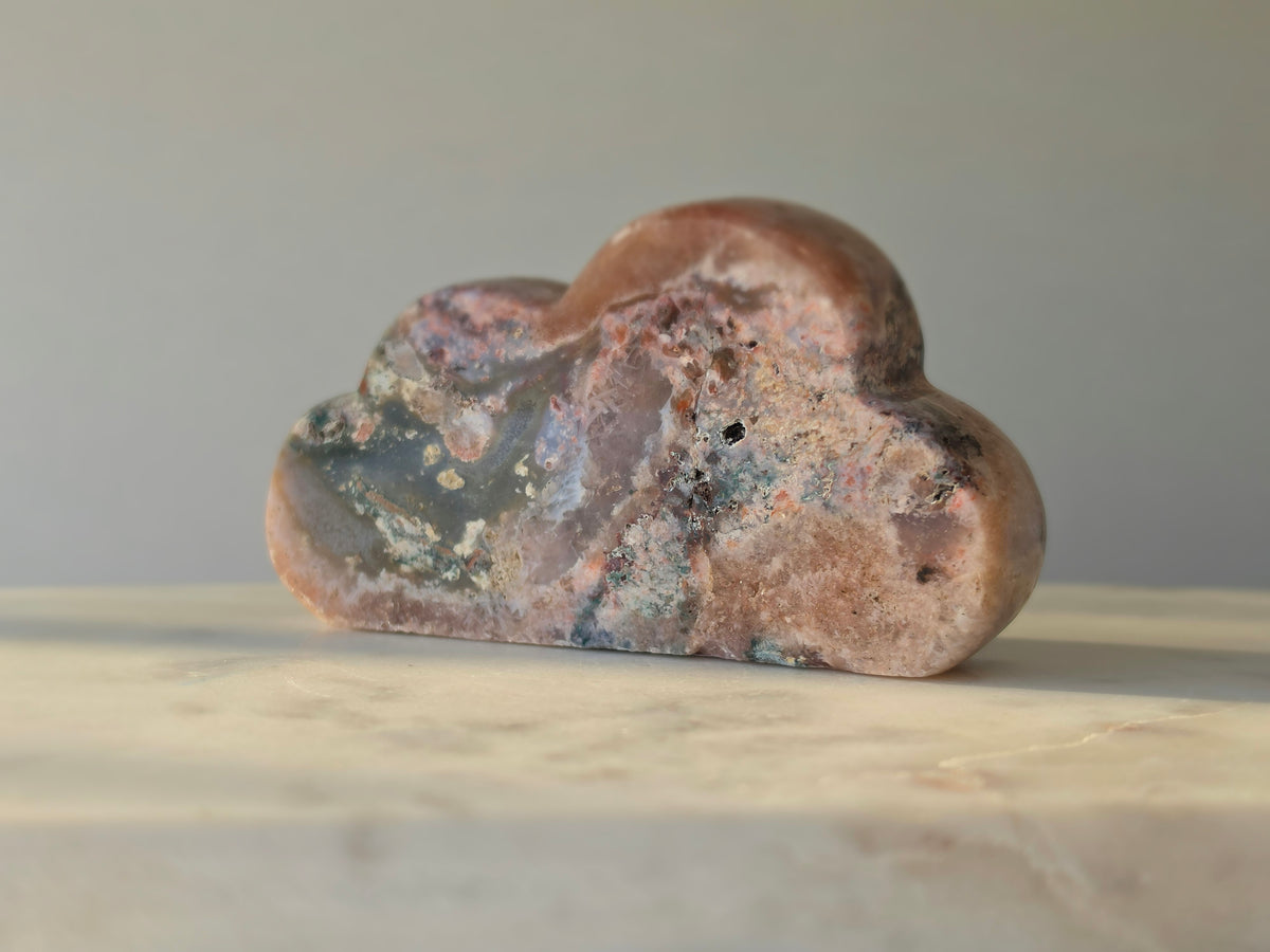 Natural Brazilian Pink Amethyst Cloud with soft blush pink, peach and lavender tones, unique mineral inclusions and polished organic form