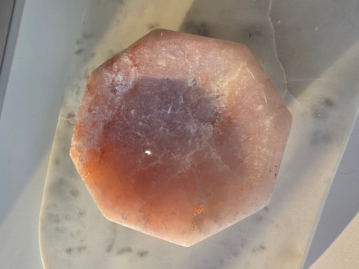 Brazilian Pink Amethyst bowl with soft blush pink and lavender tones, delicate natural sparkle and polished faceted edges