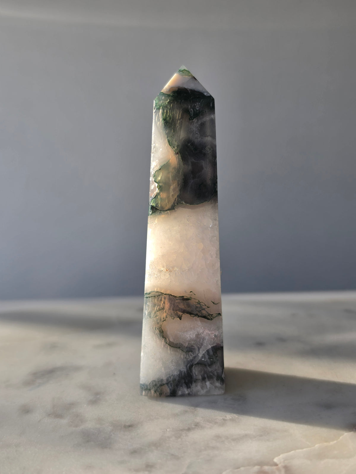 Moss Agate crystal point with translucent milky quartz and intricate forest green botanical inclusions Sparkly Crystal Inclusions