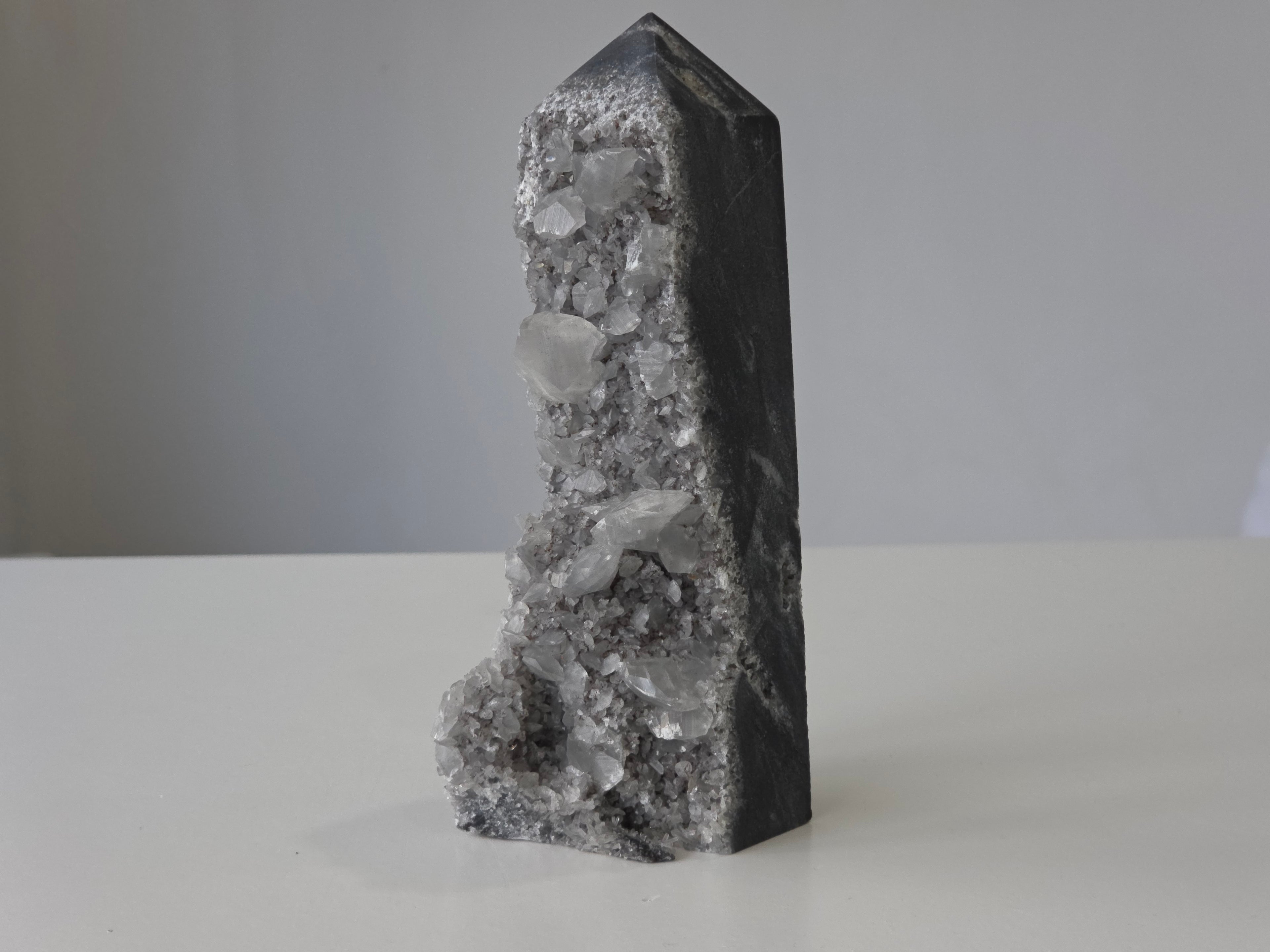Luxury Sphalerite with Calcite Tower by Stone and Bloom featuring smoky bronze tones and luminous crystal formations, on trend, Statement Peice, Home Styling