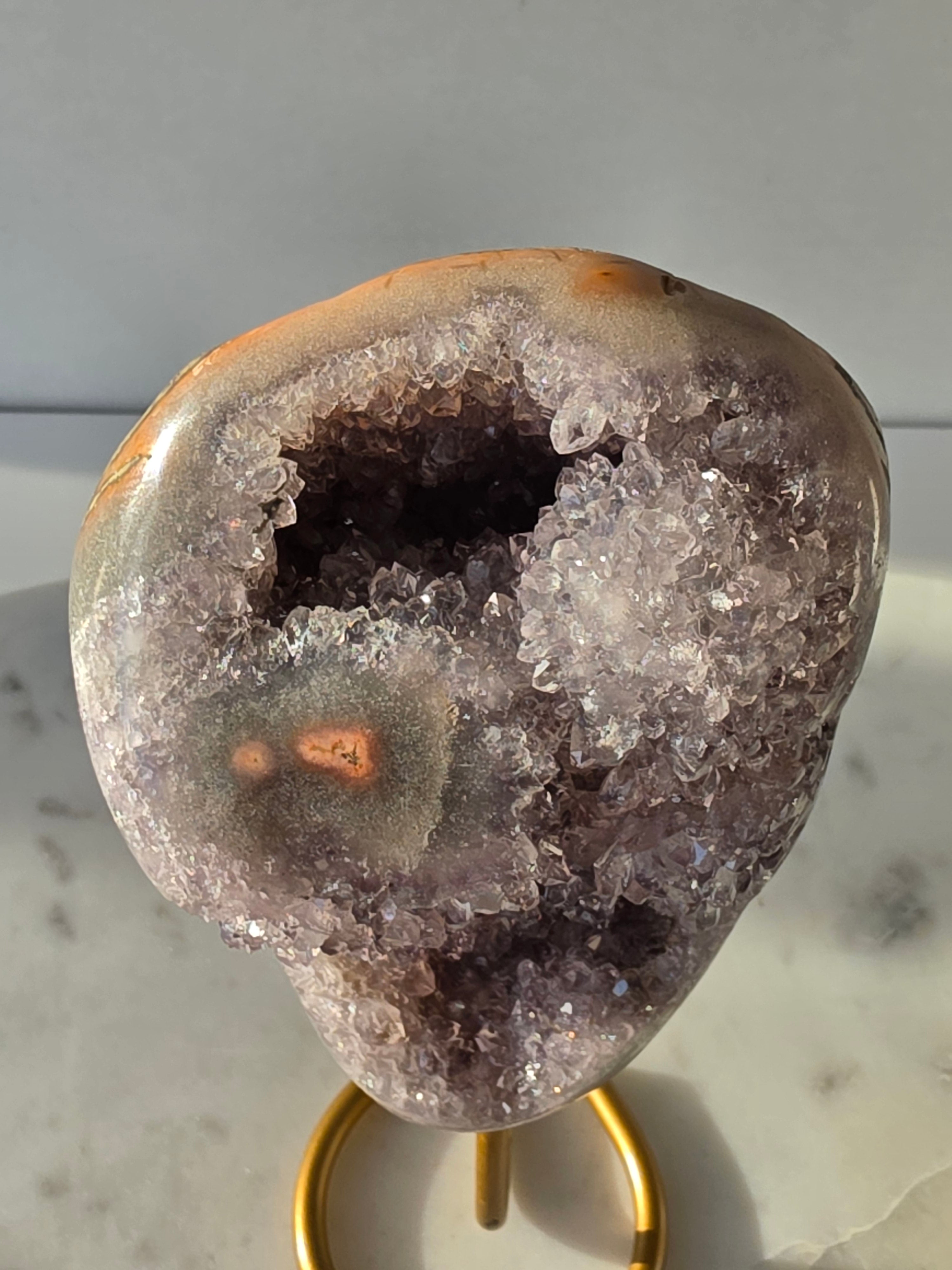 Natural Amethyst Stalactite on Gold Stand with Crystal Clear Points and Sparkling Druzy Quartz