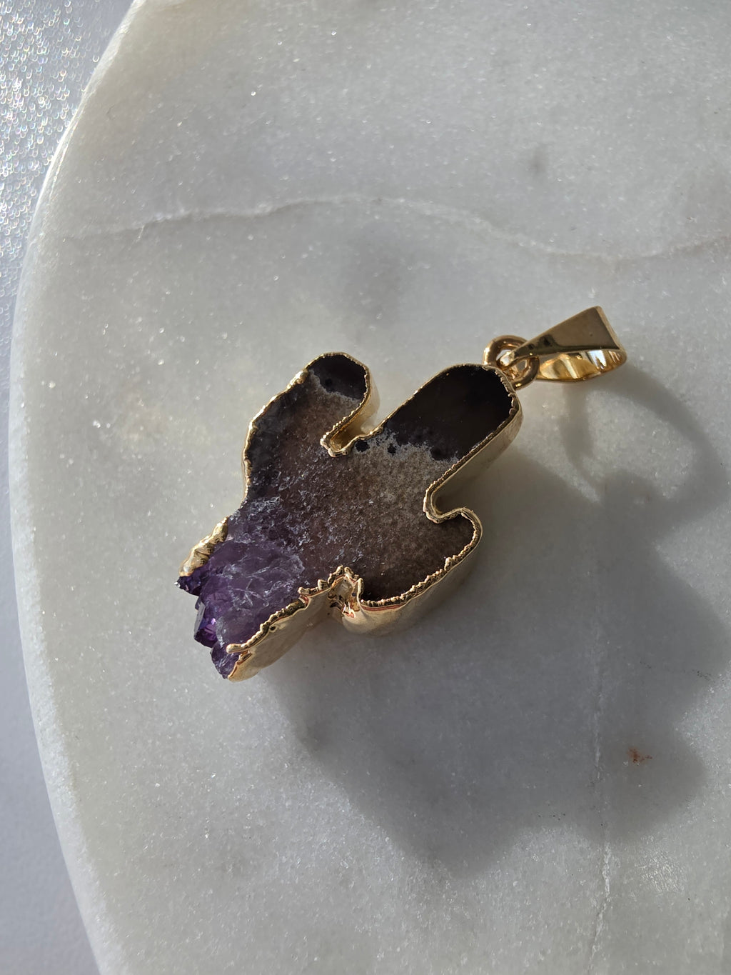 Amethyst and agate cactus slice pendant featuring deep smoky-grey agate, purple crystal formations and a 24K gold-plated plating finish