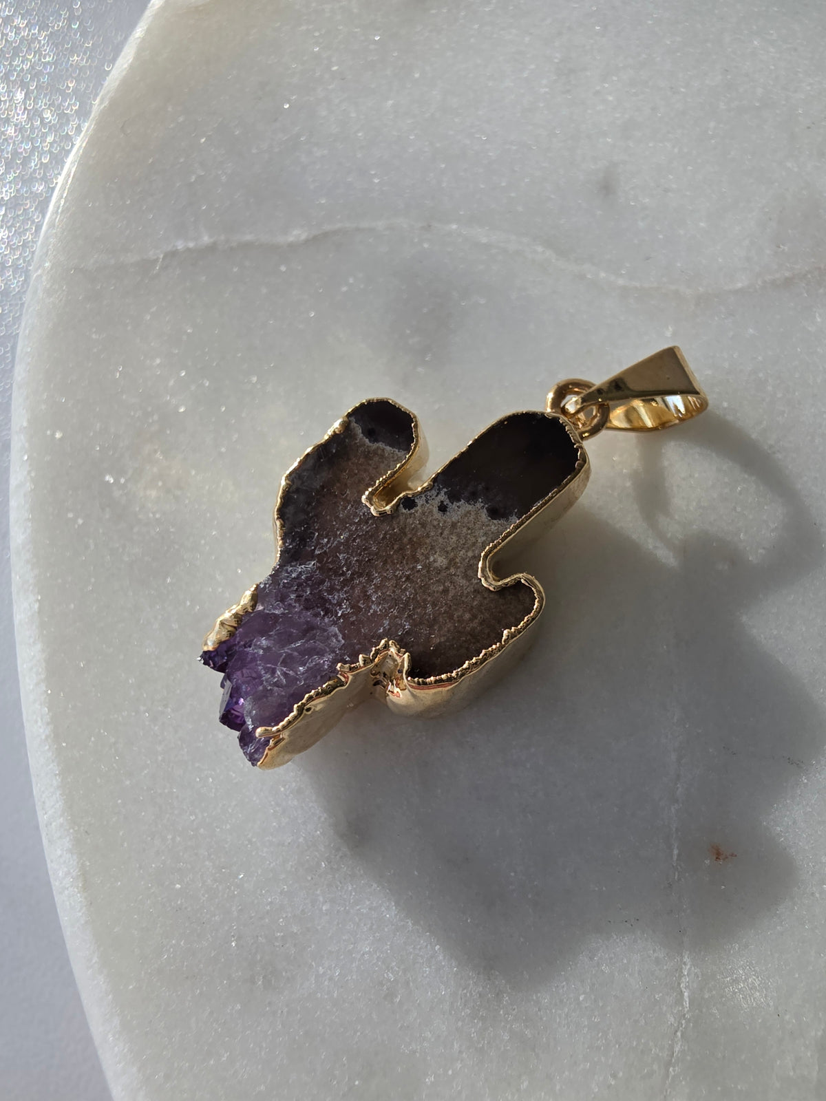 Amethyst and agate cactus slice pendant featuring deep smoky-grey agate, purple crystal formations and a 24K gold-plated plating finish