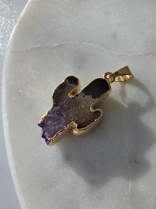 Amethyst and agate cactus slice pendant featuring deep smoky-grey agate, purple crystal formations and a 24K gold-plated plating finish