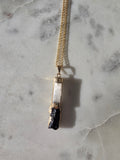 Natural Selenite and Black Tourmaline crystal pendant in a refined 24K Gold Plated setting, Stone & Bloom Raw Luxe Collection