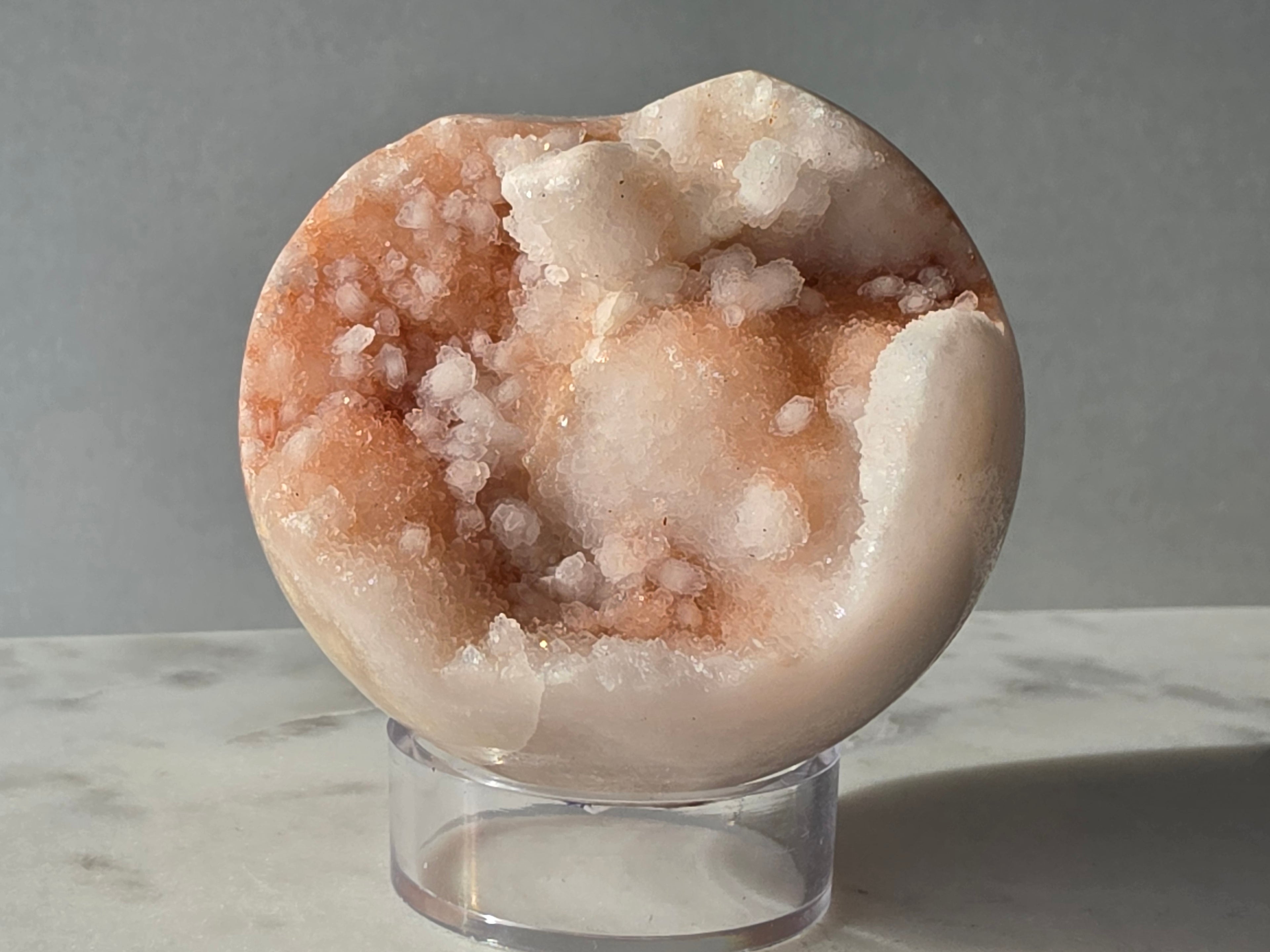 Pink Amethyst sphere from Brazil in soft blush pink tones with sparkling druzy crystals and natural bubble formations, Stone & Bloom
