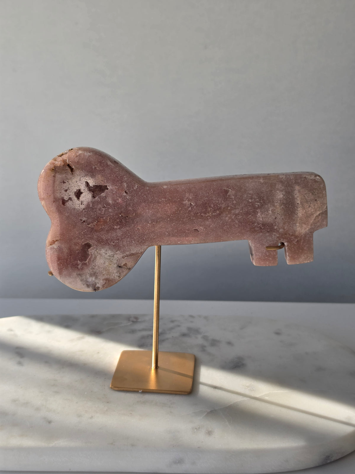 Pink Amethyst Love Heart Key crystal carving with natural sparkling druzy bubble formations, blush pink tones and polished stone details.