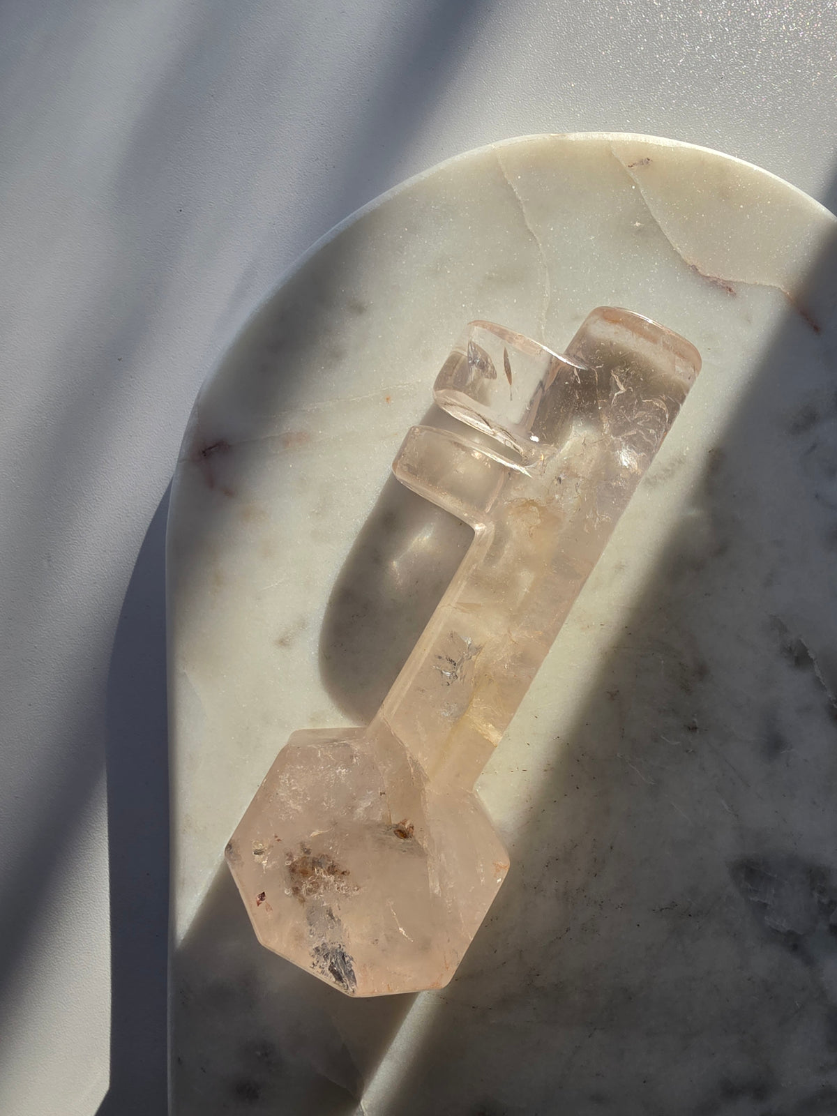High-clarity Clear Quartz skeleton key crystal carving with stunning rainbow flashes and natural internal line formations, 13cm long.