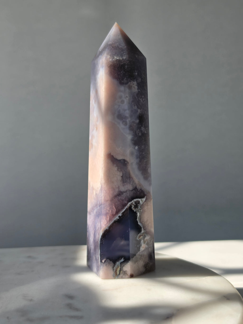 Blue Flower Agate crystal point with soft blue, lavender and cream tones and natural flower-like plume inclusions