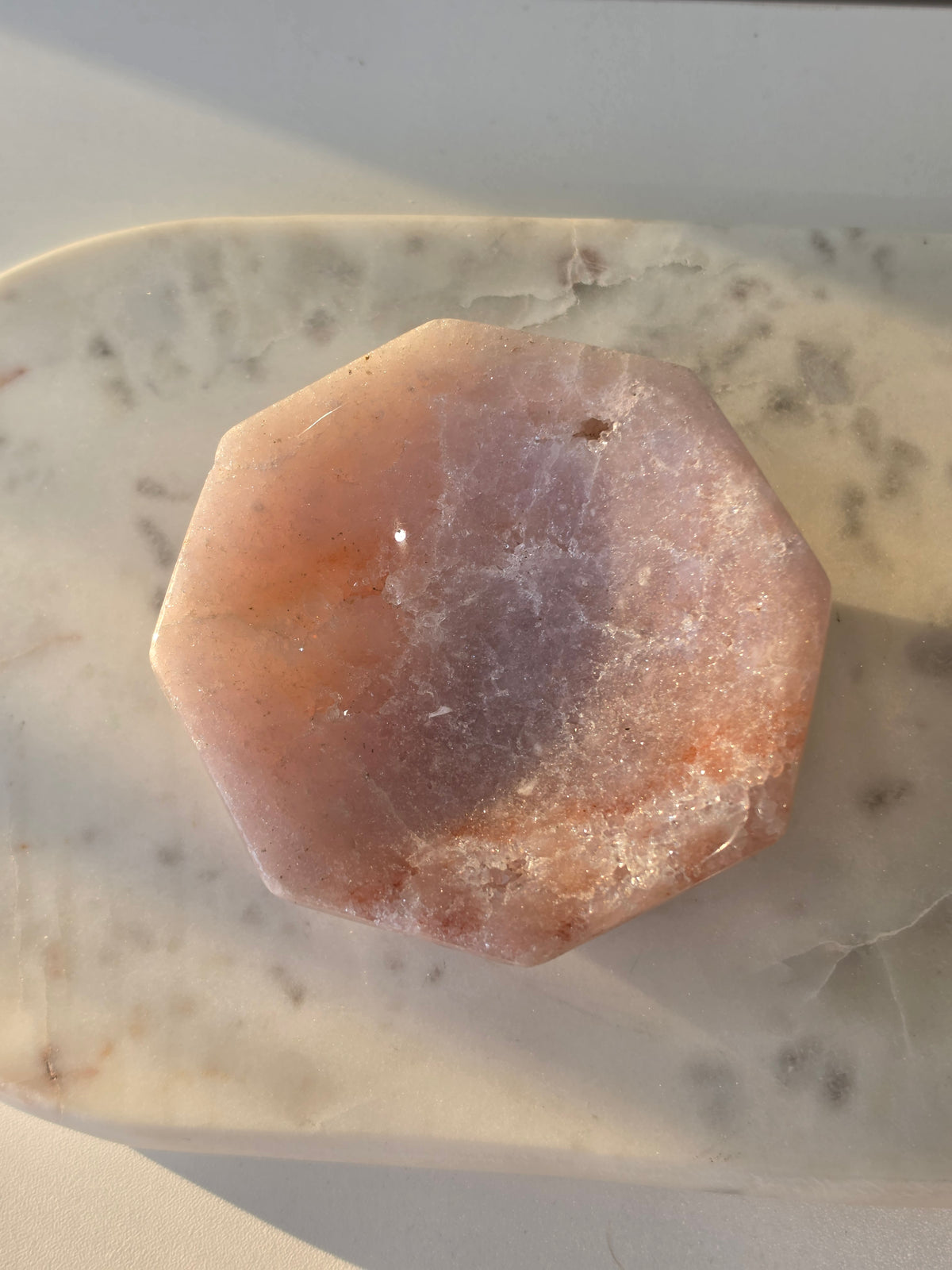 Brazilian Pink Amethyst bowl with soft blush pink and lavender tones, delicate natural sparkle and polished faceted edges