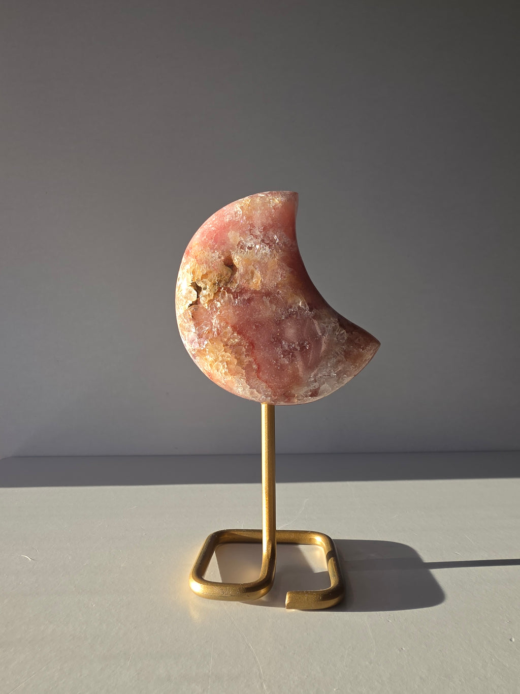 Pink Amethyst Moon on Gold Stand