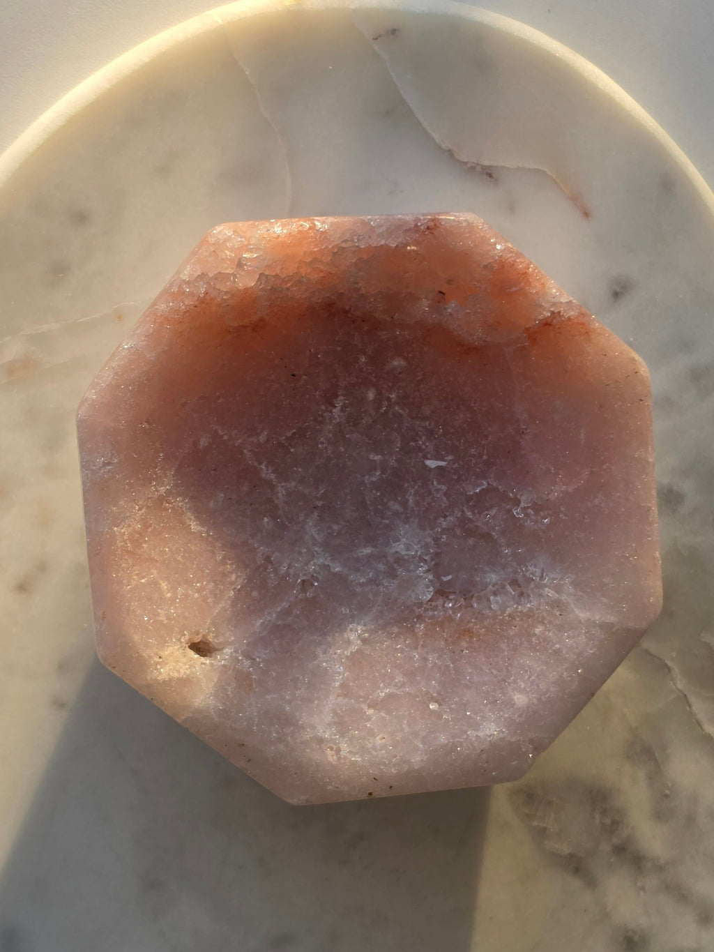 Brazilian Pink Amethyst bowl with soft blush pink and lavender tones, delicate natural sparkle and polished faceted edges