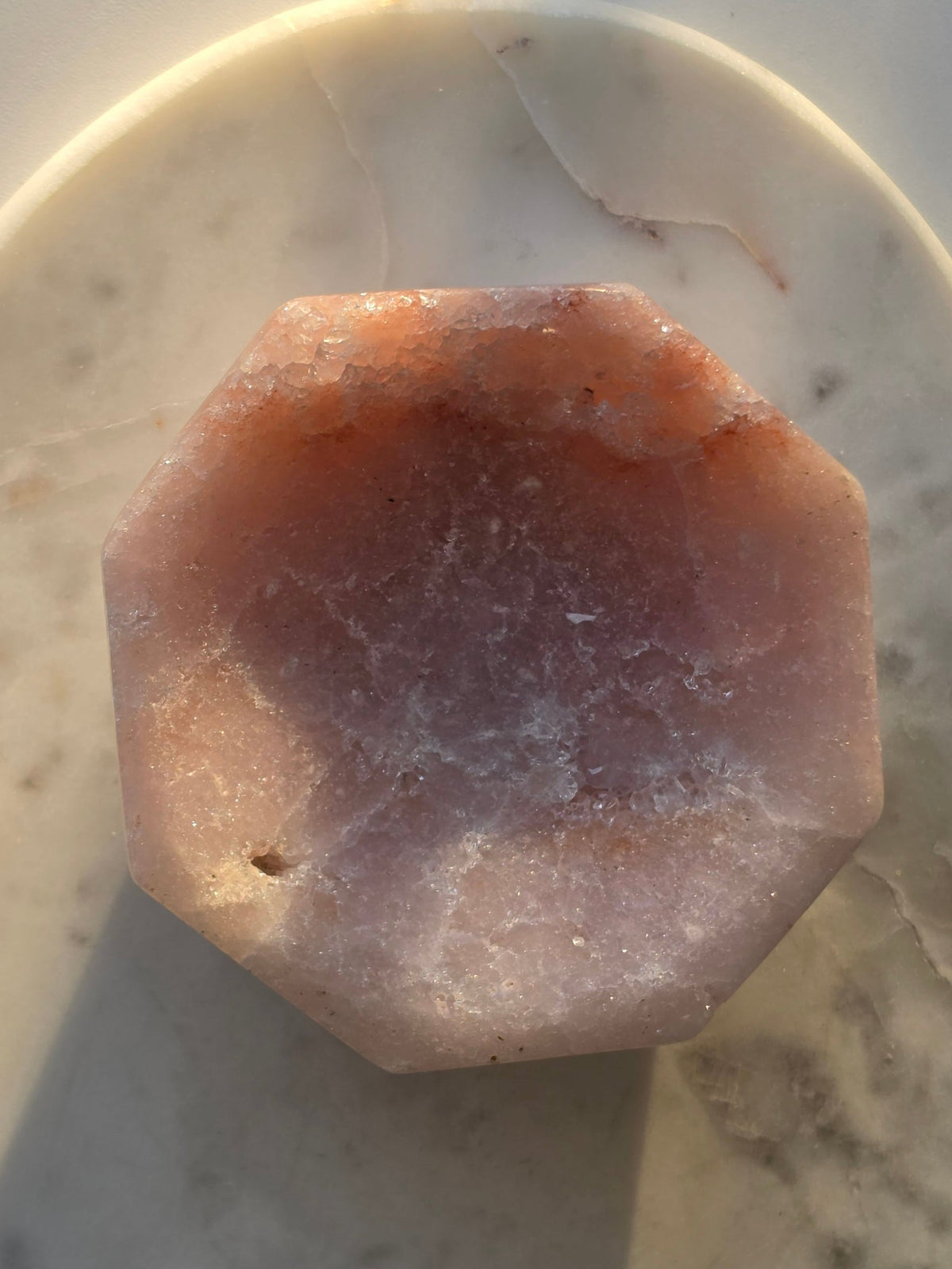 Brazilian Pink Amethyst bowl with soft blush pink and lavender tones, delicate natural sparkle and polished faceted edges