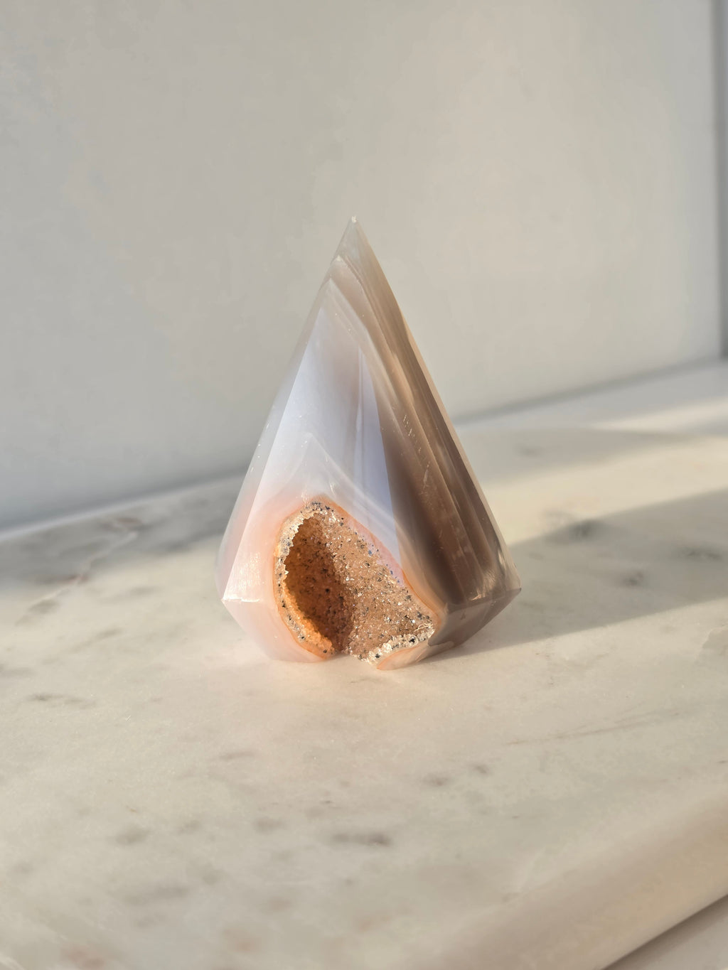 Natural Brazilian blush Agate Diamond with sparkling sugar druzy crystal formation, polished luxury agate statement piece with translucent pink tones by Stone & Bloom.