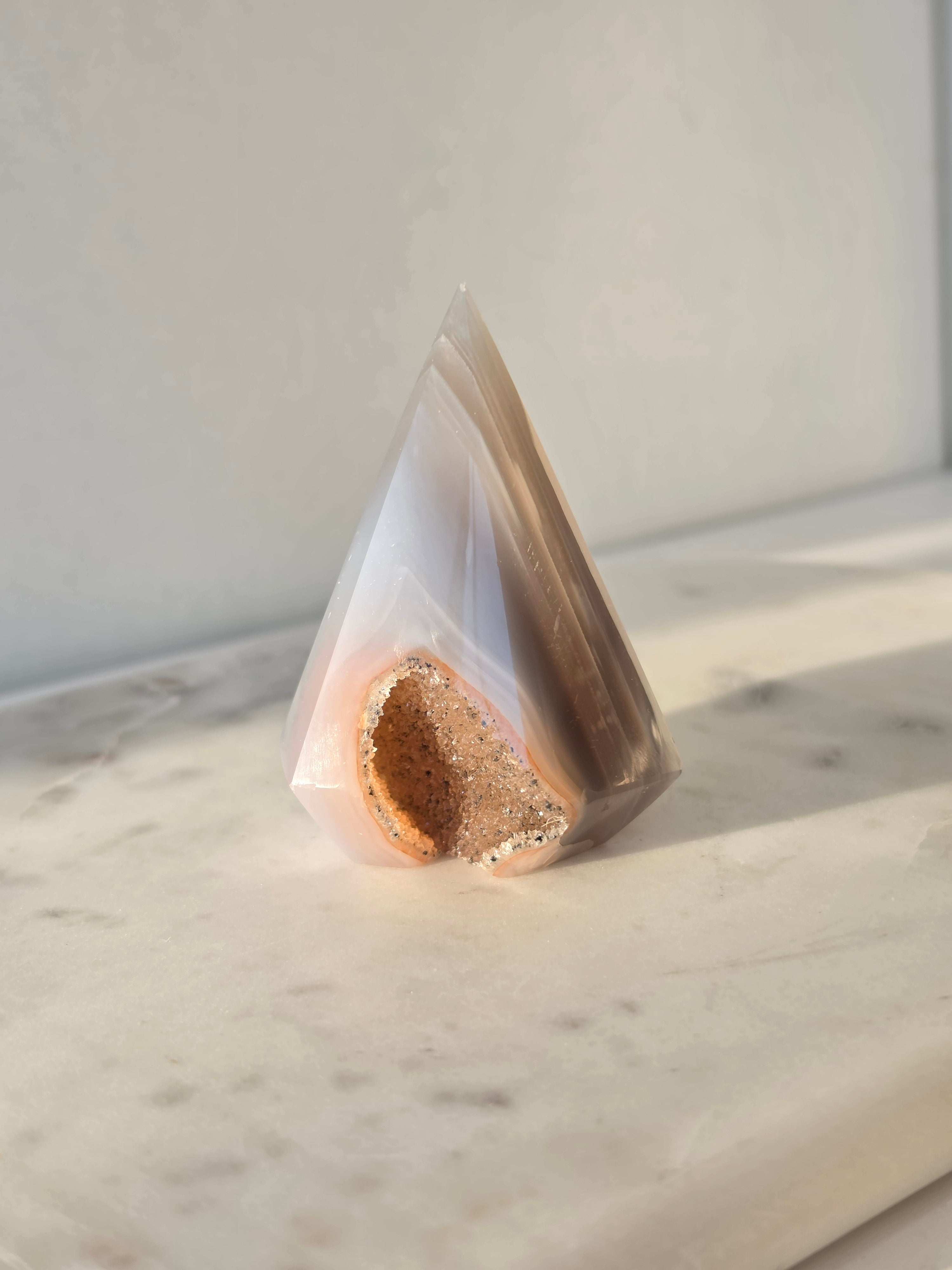 Natural Brazilian blush Agate Diamond with sparkling sugar druzy crystal formation, polished luxury agate statement piece with translucent pink tones by Stone & Bloom.