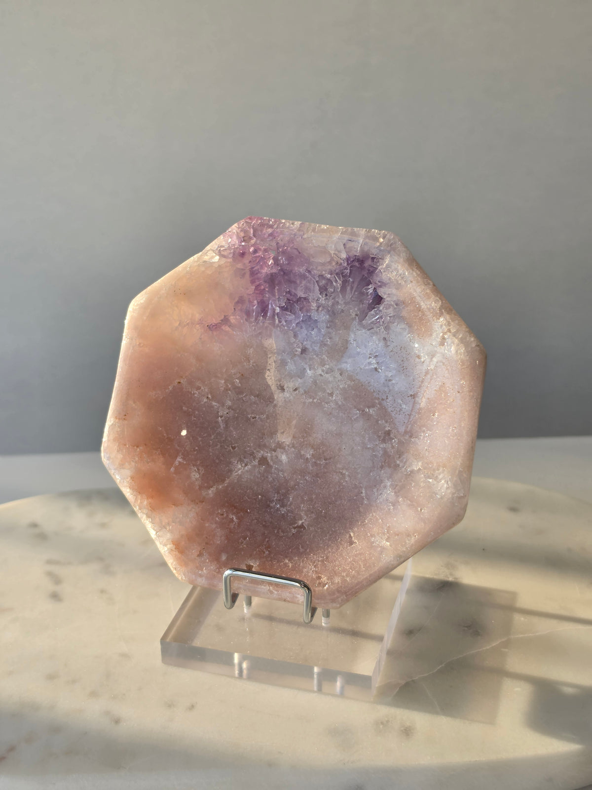 Brazilian Pink Amethyst bowl with sparkling purple druzy crystal formation, soft blush pink tones and natural lavender crystals
