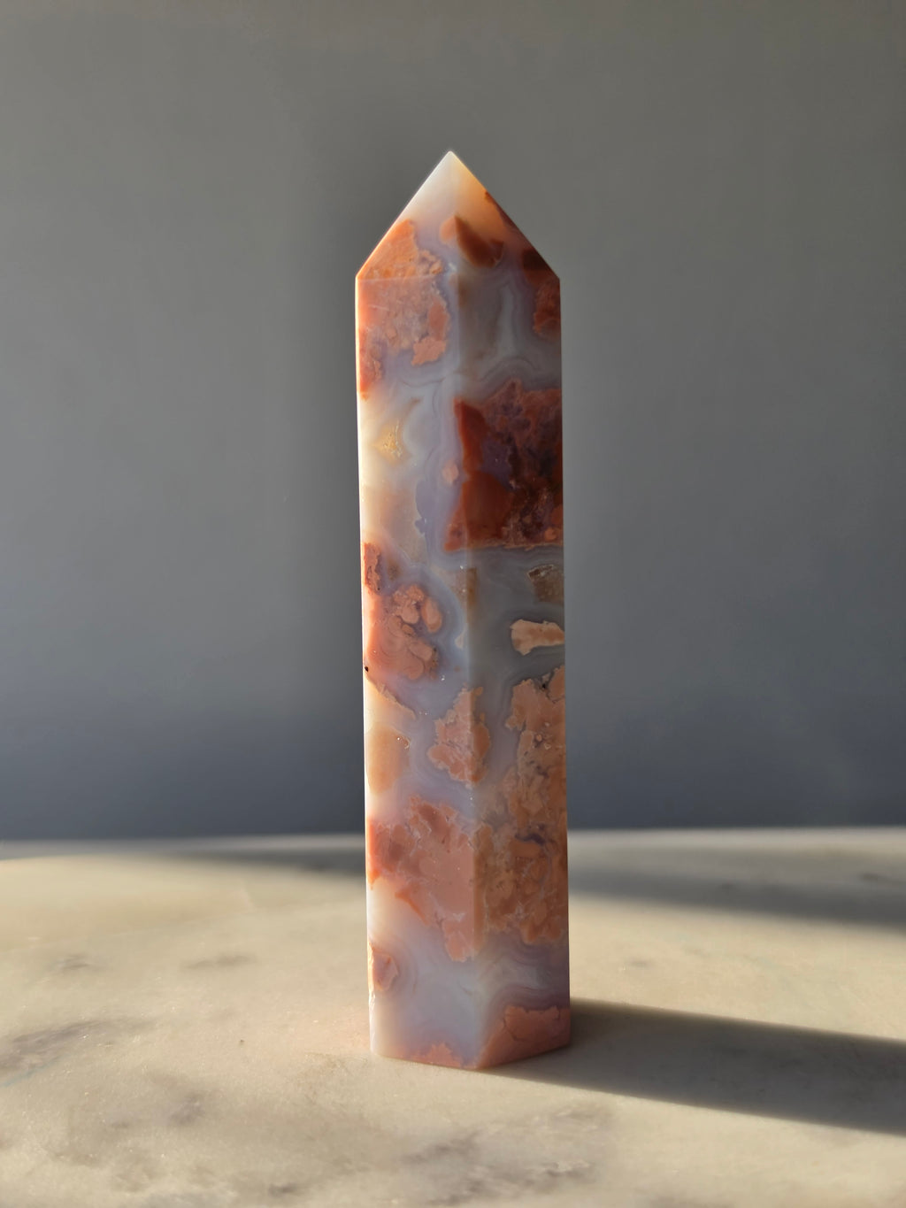 Cotton Candy Agate point with natural pink peach and blue-grey flower-like plume formations