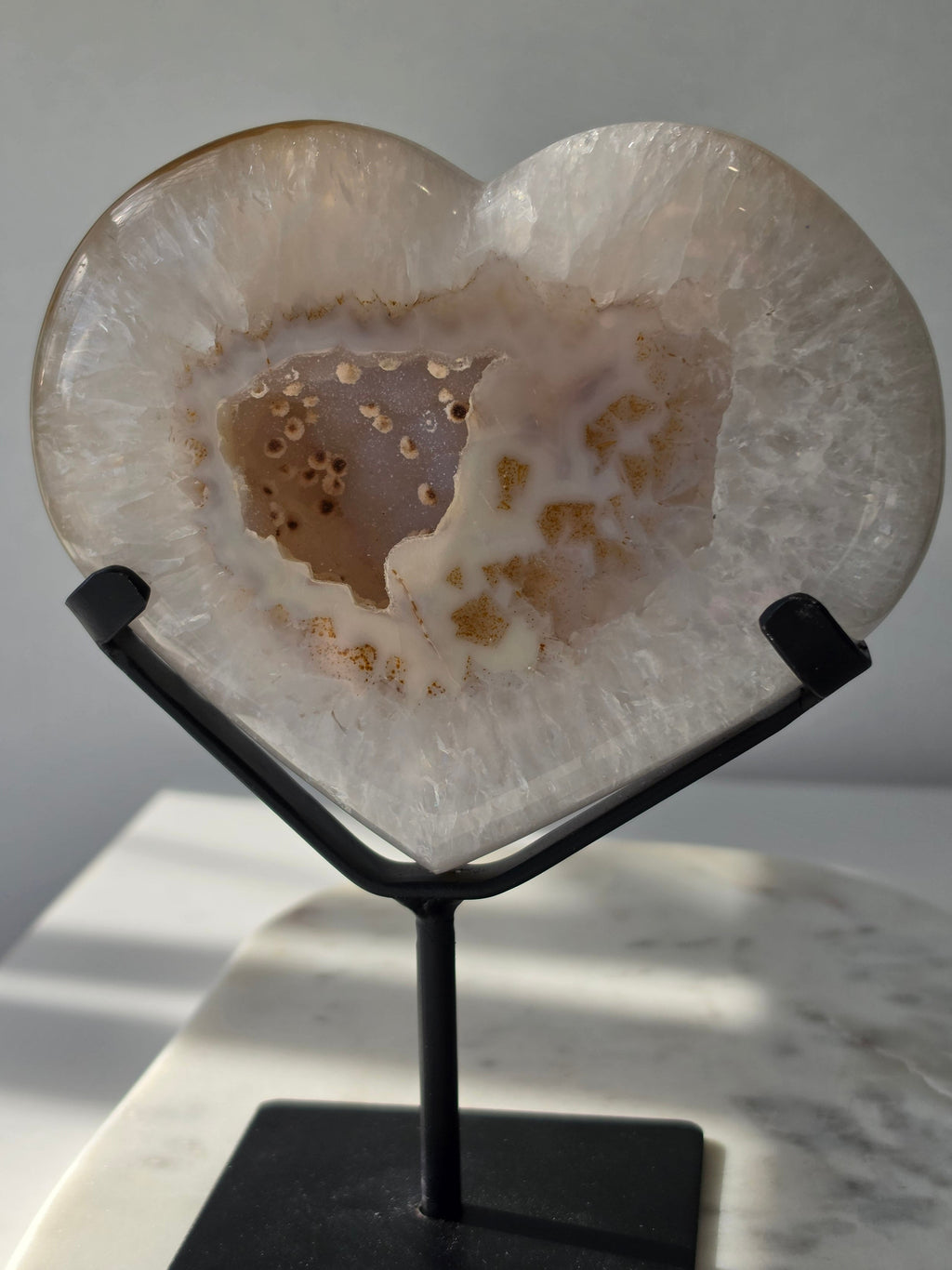 929g Druzy Agate Geode Heart with sparkling druzy crystals, natural Chalcedony eye formations and caramel, beige and ivory agate banding