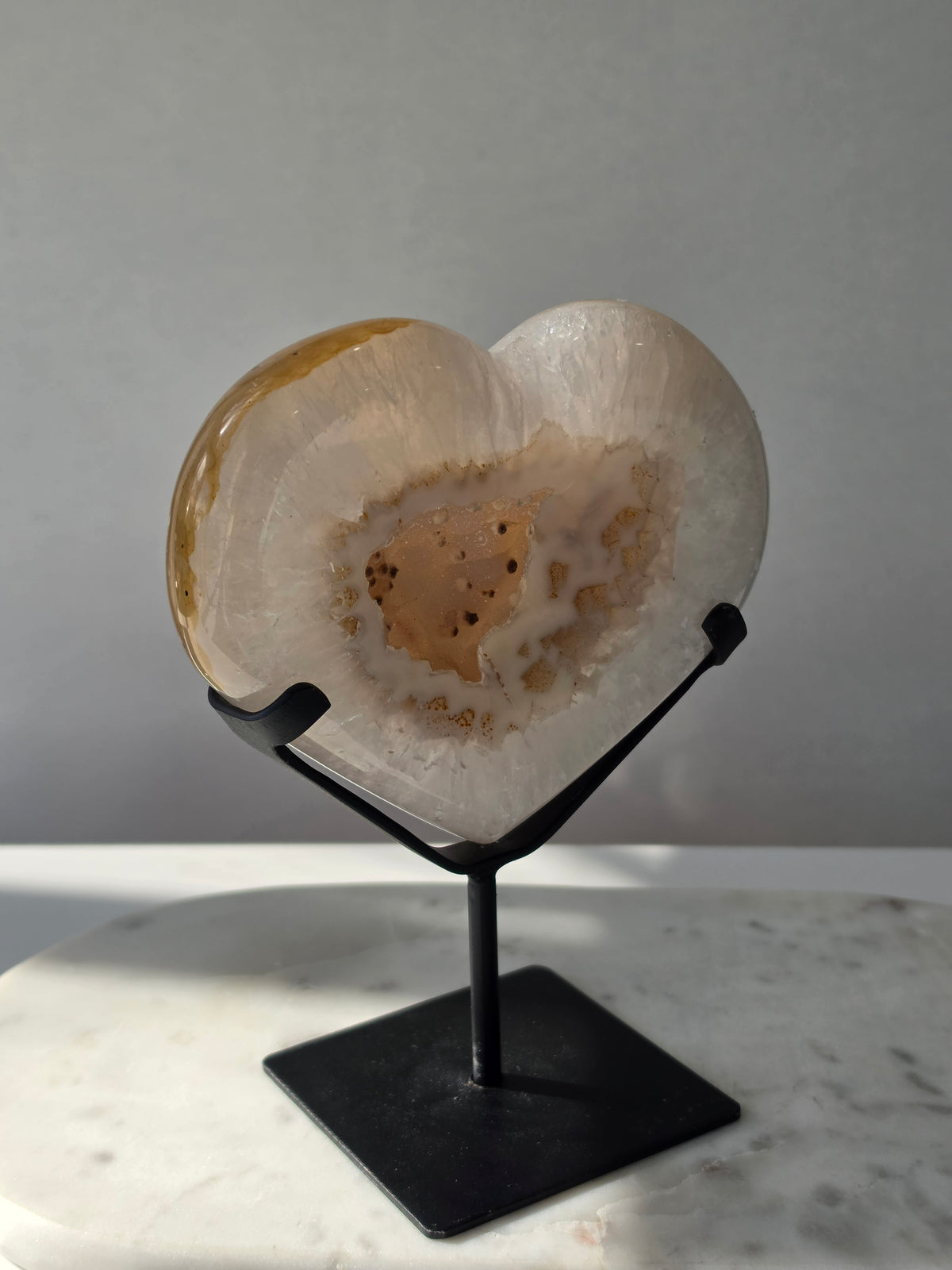929g Druzy Agate Geode Heart with sparkling druzy crystals, natural Chalcedony eye formations and caramel, beige and ivory agate banding