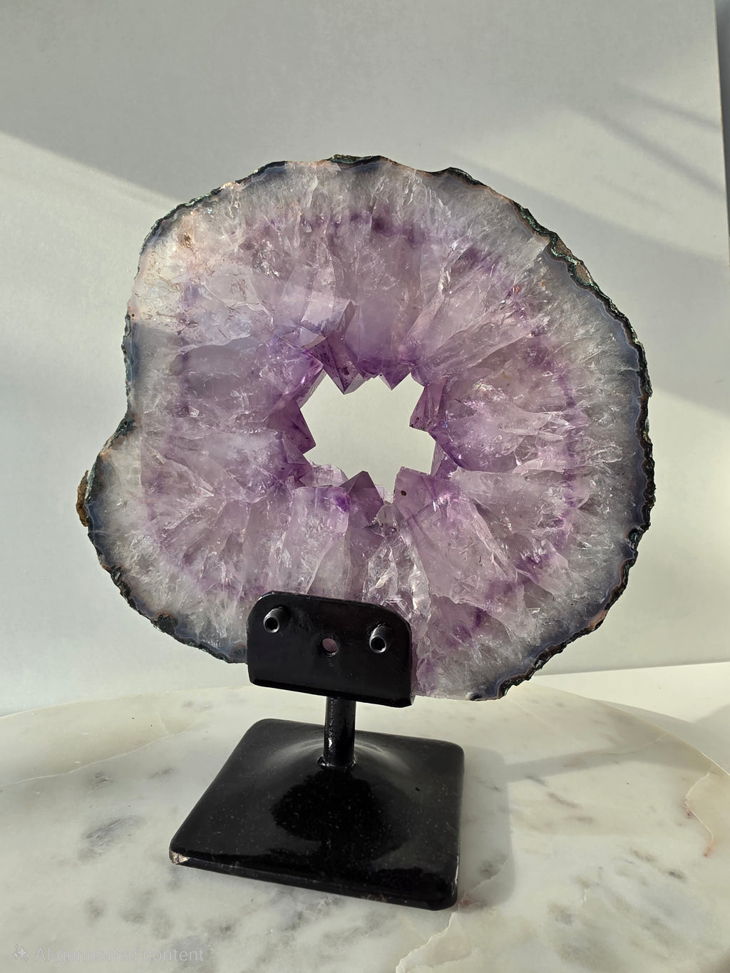 Brazilian Amethyst Portal on stand featuring natural purple quartz crystal druzy, luxury crystal décor, healing crystal display by Stone & Bloom