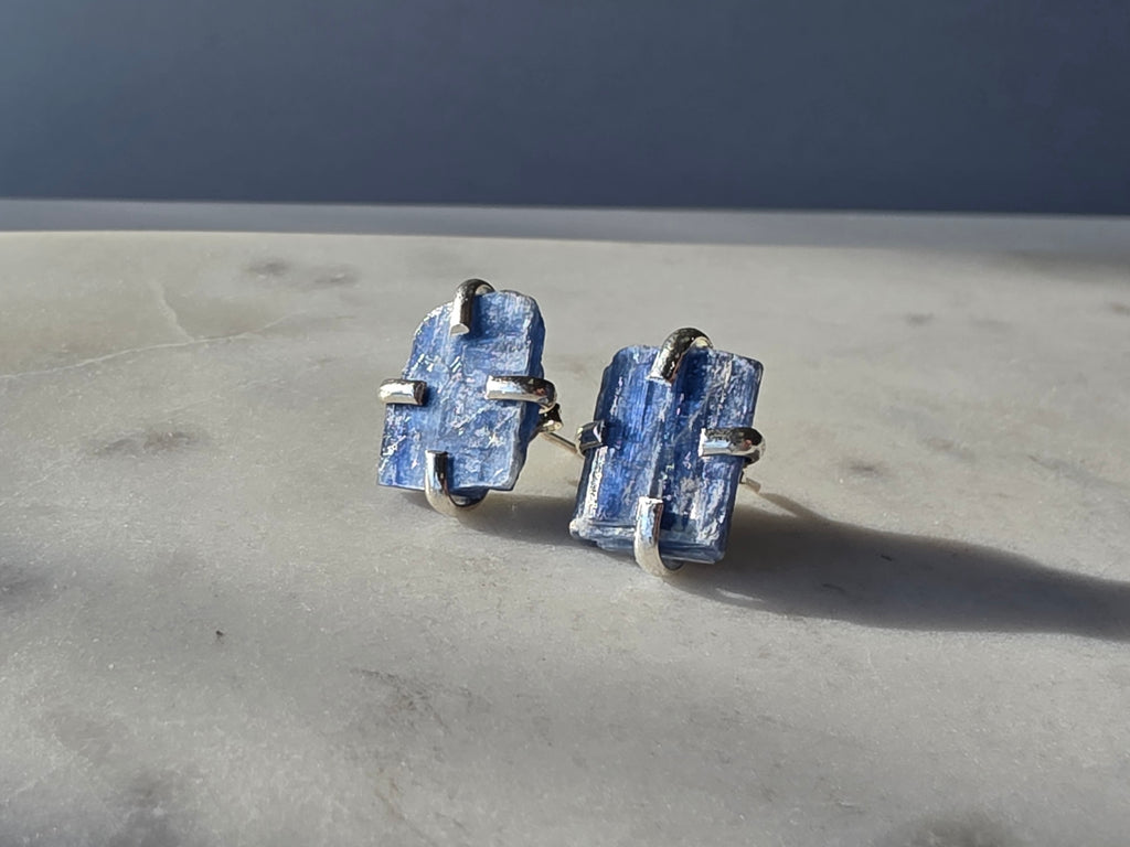 Natural raw Blue Kyanite crystal stud earrings in a four-claw silver setting, Raw Luxe Collection