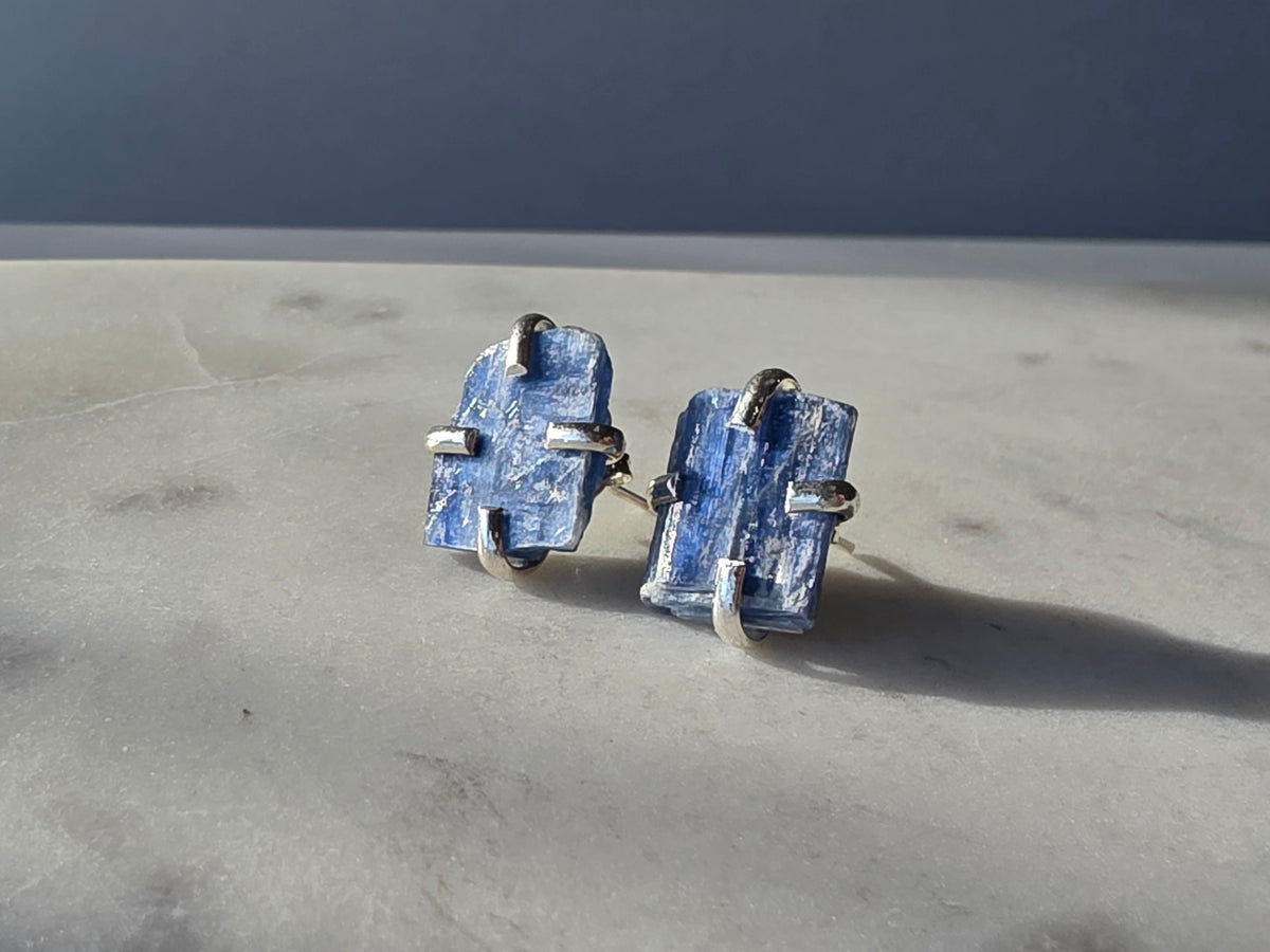 Natural raw Blue Kyanite crystal stud earrings in a four-claw silver setting, Raw Luxe Collection
