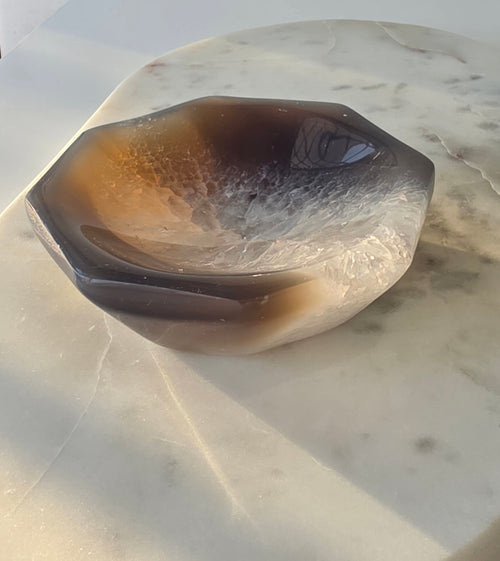 Natural Brazilian Agate bowl with smoky brown, caramel and blush banding, sparkling druzy crystal formations and polished edges