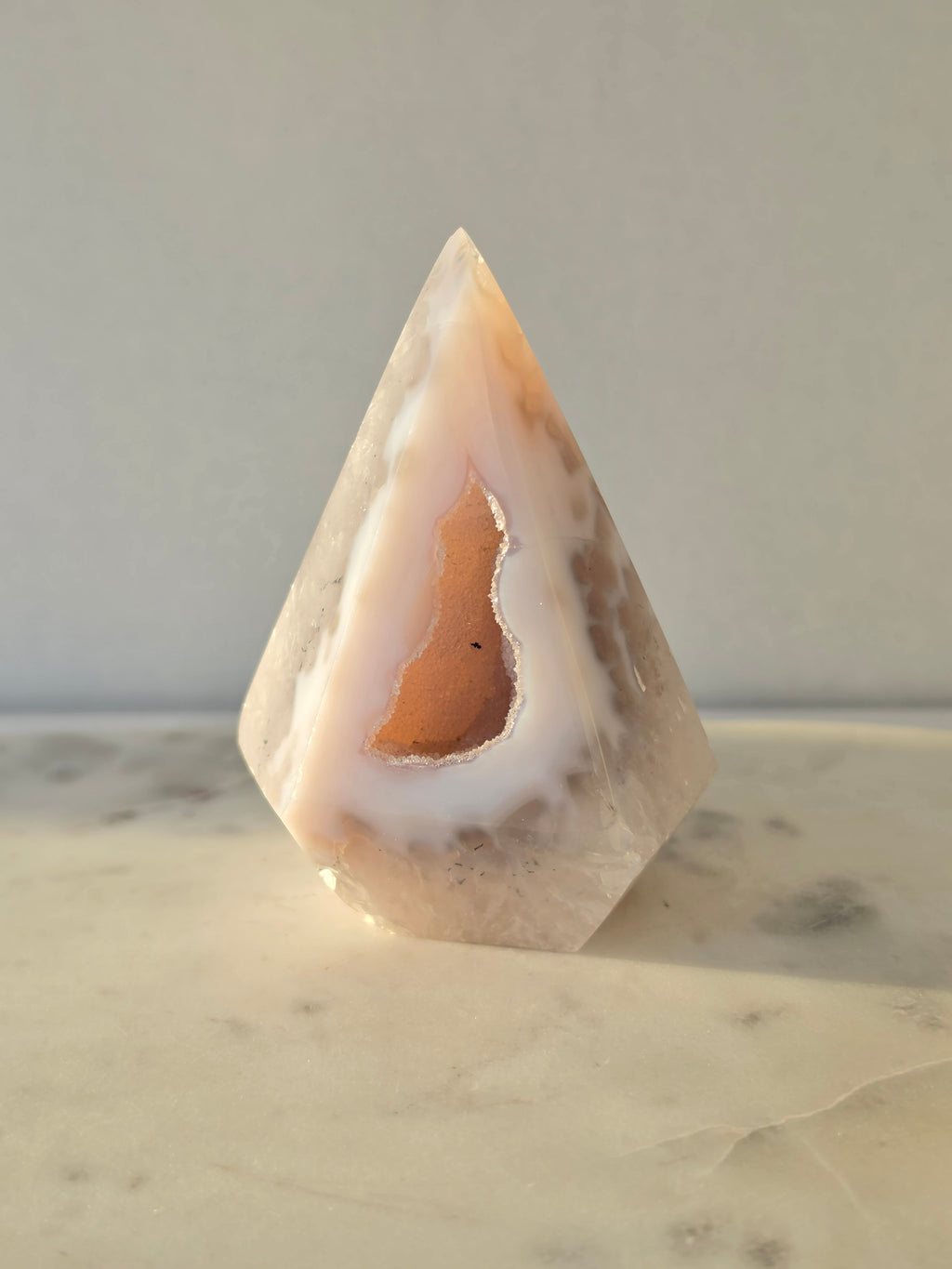 Natural Brazilian blush Agate Diamond with sparkling sugar druzy crystal formation, polished luxury agate statement piece with translucent pink tones by Stone & Bloom