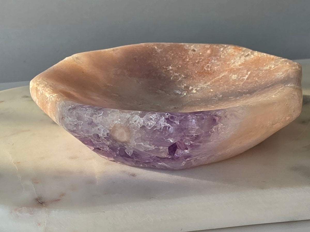 Brazilian Pink Amethyst bowl with sparkling purple druzy crystal formation, soft blush pink tones and natural lavender crystals