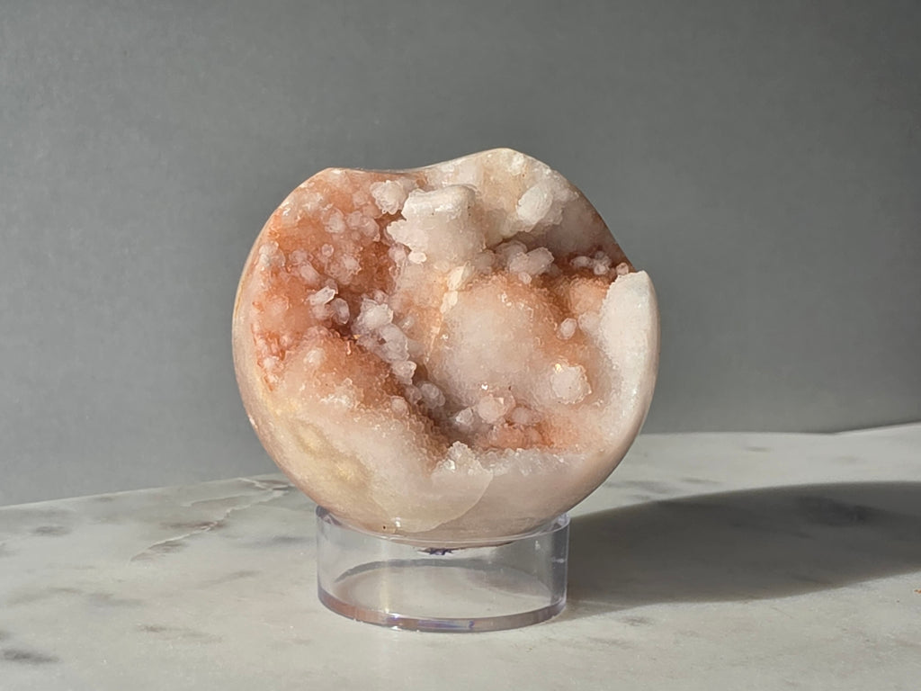 Pink Amethyst sphere from Brazil in soft blush pink tones with sparkling druzy crystals and natural bubble formations, Stone & Bloom