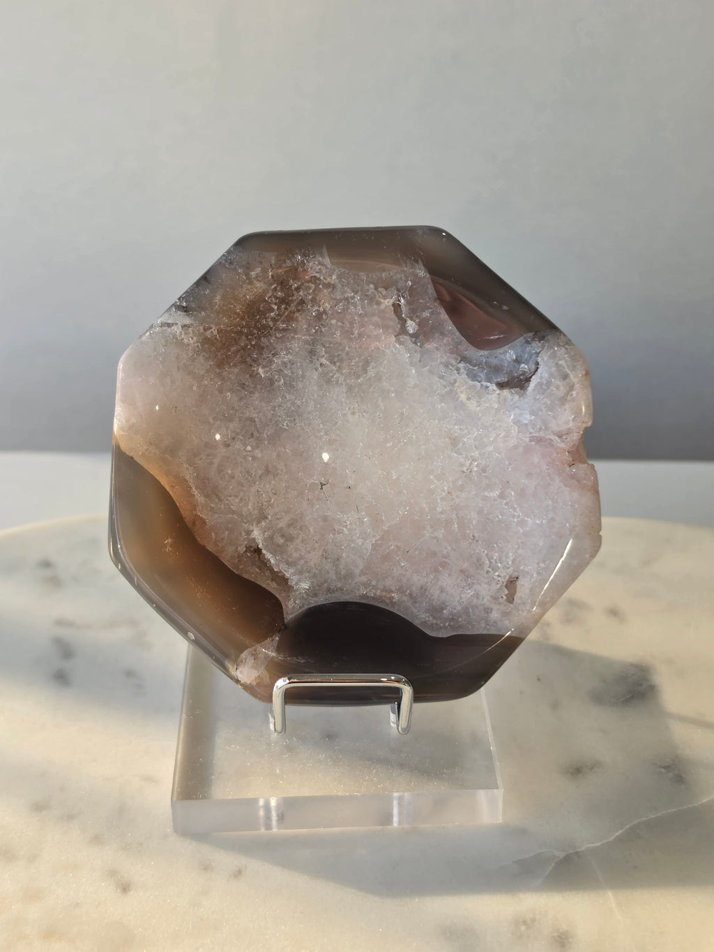 Natural Brazilian Agate bowl with smoky brown, caramel and blush banding, sparkling druzy crystal formations and polished edges