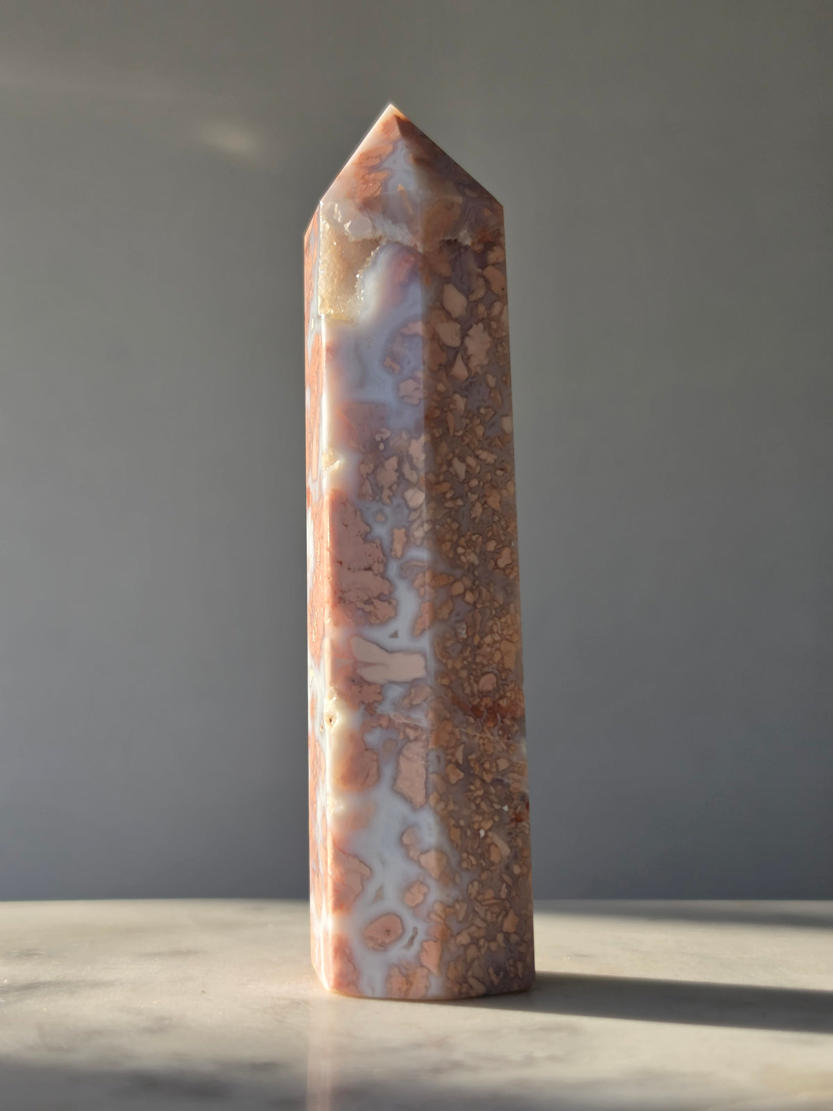 Cotton Candy Agate point with natural pink peach and blue-grey flower-like plume formations