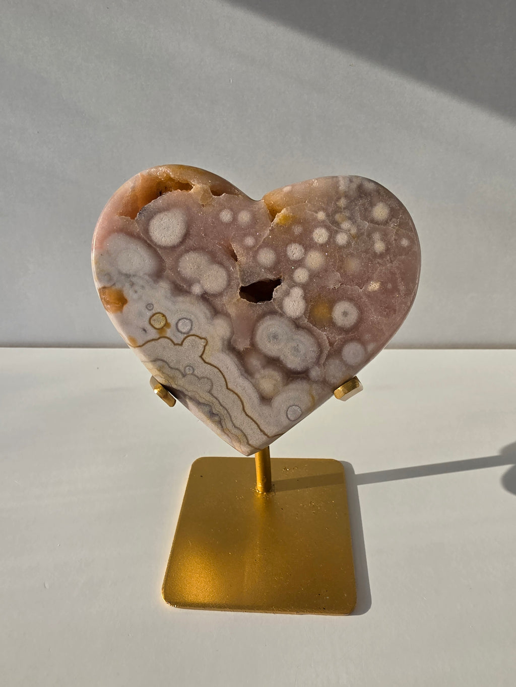 Luxury Brazilian Zeolite Amethyst Flower on matte gold stand with sparkling lavender druzy Amethyst crystals, premium natural statement crystal for elegant home décor by Stone & Bloom.