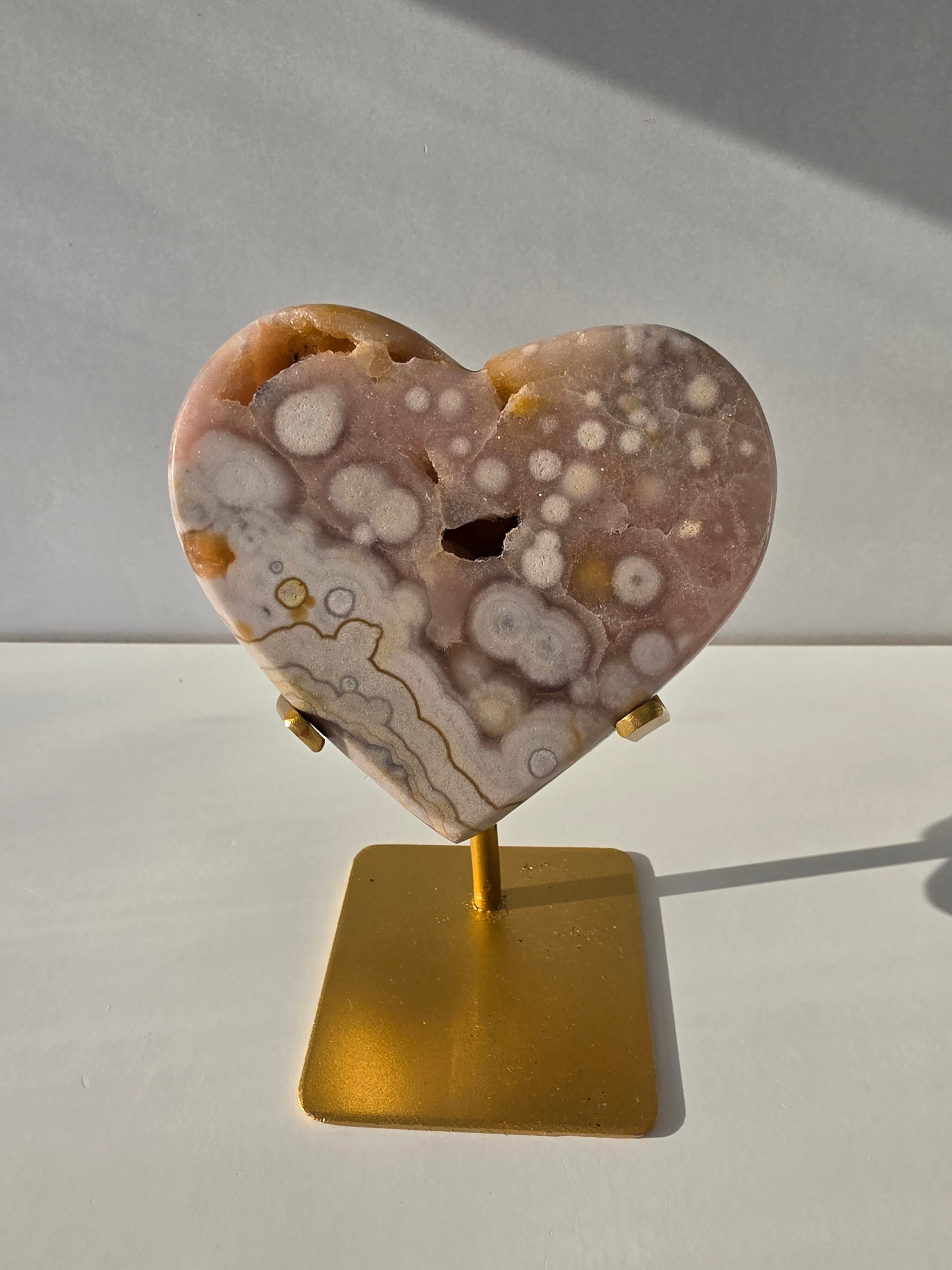 Luxury Brazilian Zeolite Amethyst Flower on matte gold stand with sparkling lavender druzy Amethyst crystals, premium natural statement crystal for elegant home décor by Stone & Bloom.