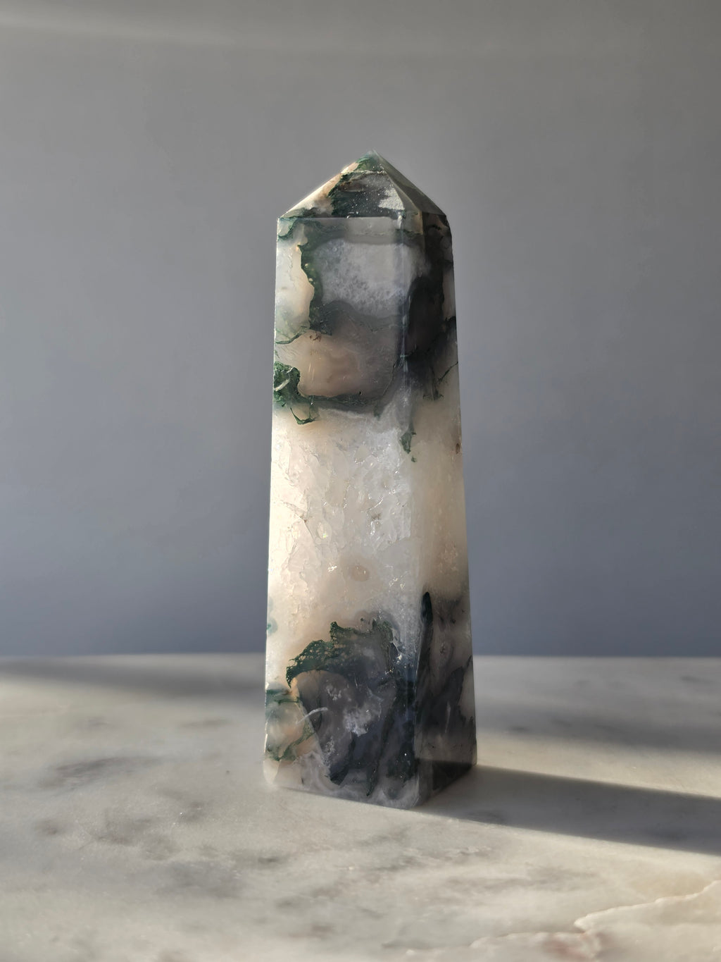 Moss Agate crystal point with translucent milky quartz and intricate forest green botanical inclusions