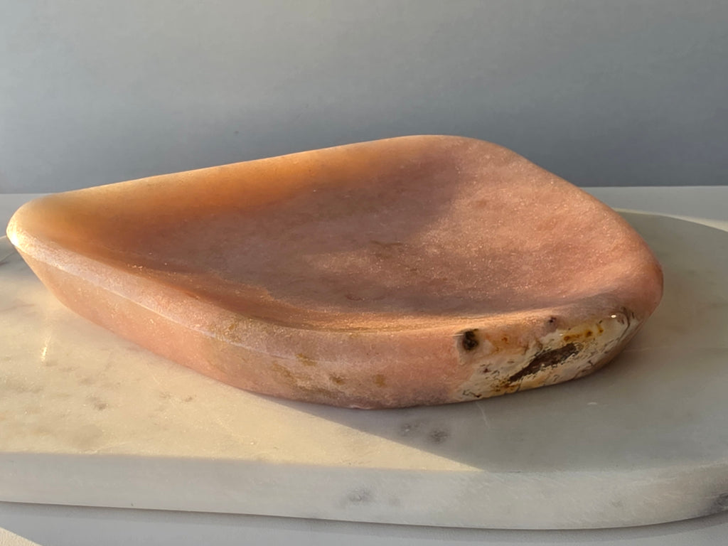 Brazilian Pink Amethyst bowl with sparkling crystal formation, soft blush pink tones 