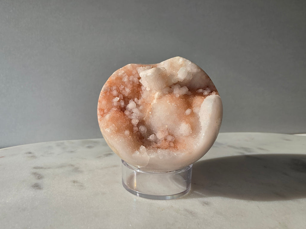 Pink Amethyst sphere from Brazil in soft blush pink tones with sparkling druzy crystals and natural bubble formations, Stone & Bloom